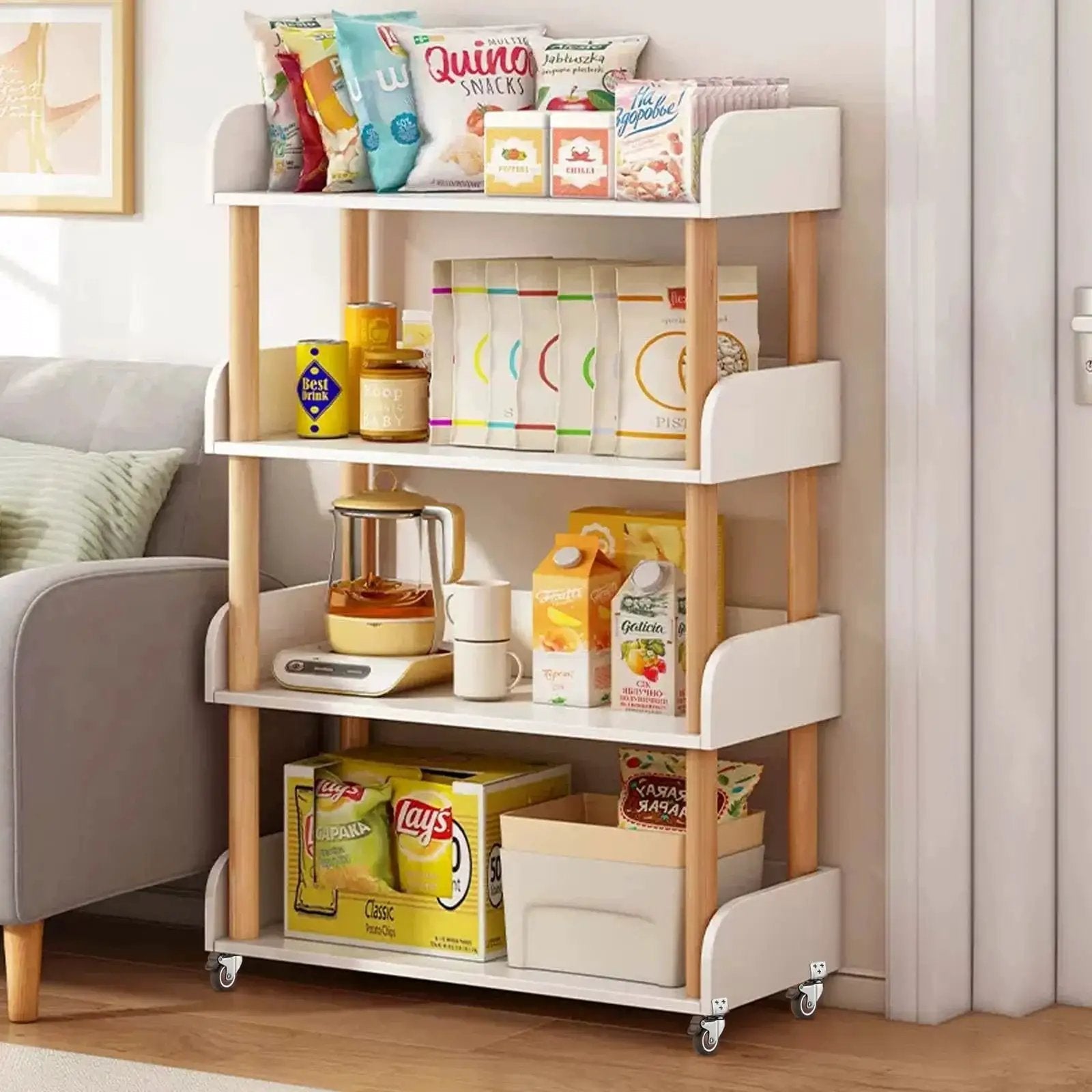 Wooden shelf with snacks and appliances on display, equipped with 1 Inch Swivel Plate Casters With Brake, L Bracket Side Mount.