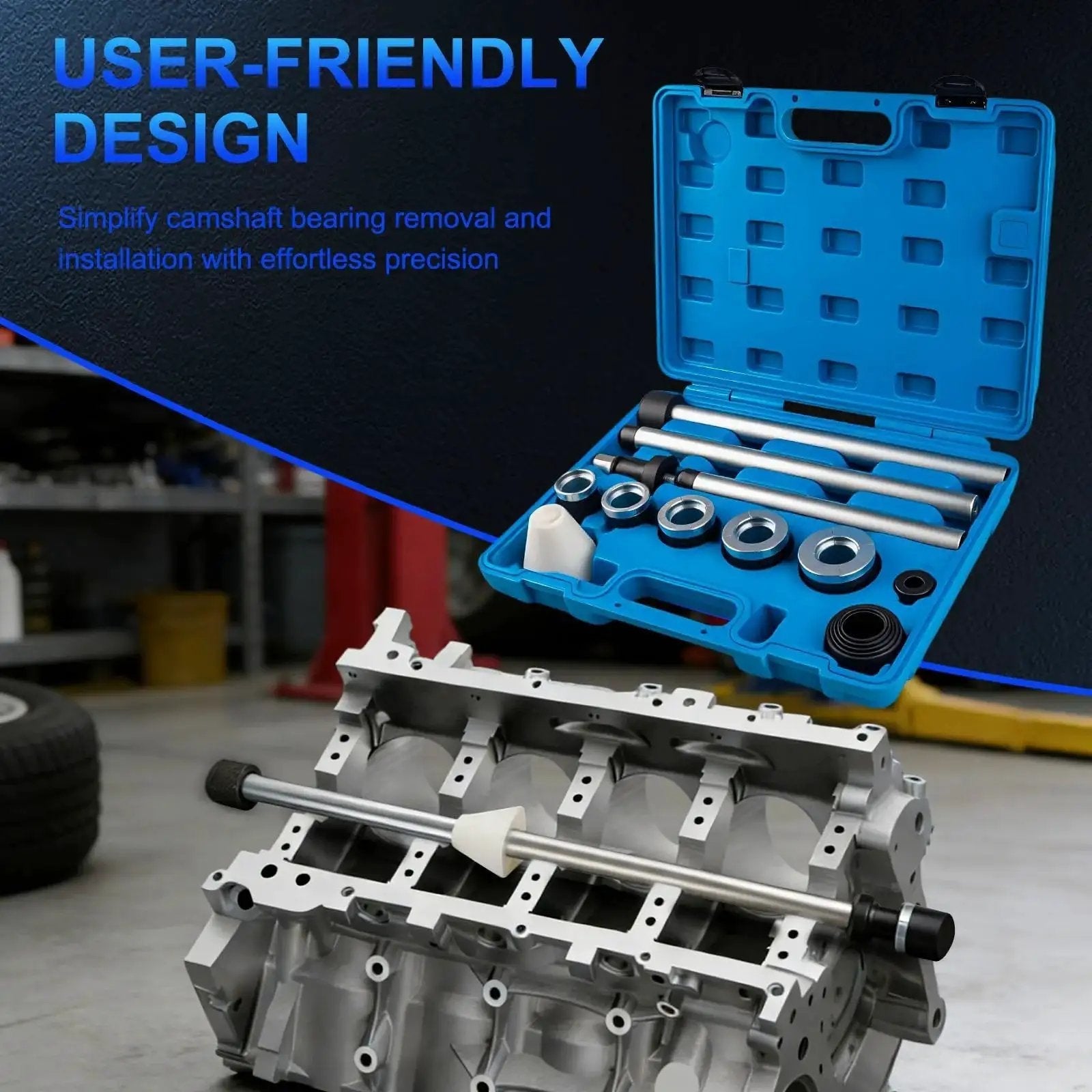 Universal Cam Bearing Installation And Removal Tool Kit With 1-1/8 To 2-2/3 Inch Adapters showcased with engine block