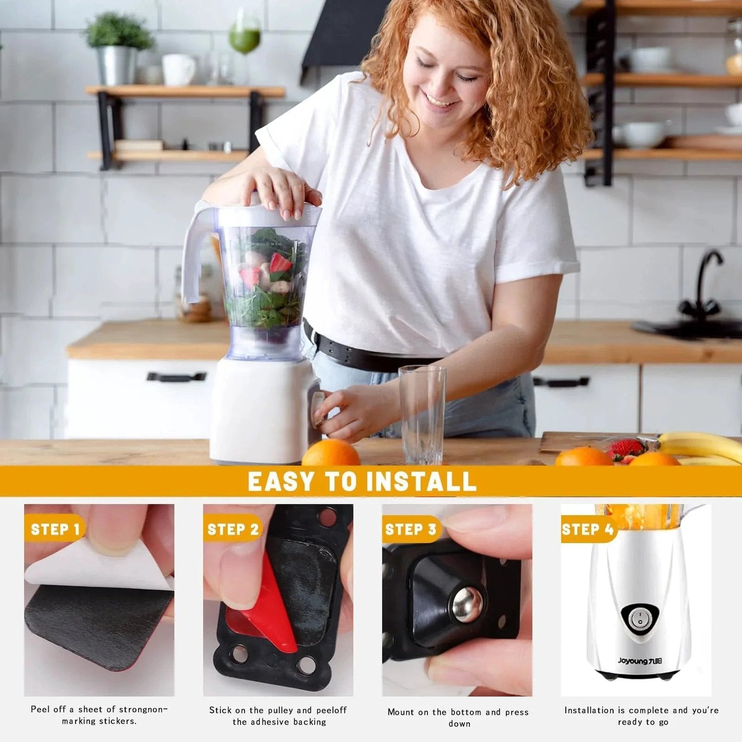 Woman using blender with 24 Pack Mini Self Adhesive Caster Wheels 1 Inch Stainless Steel Swivel Rollers Black For Appliances.