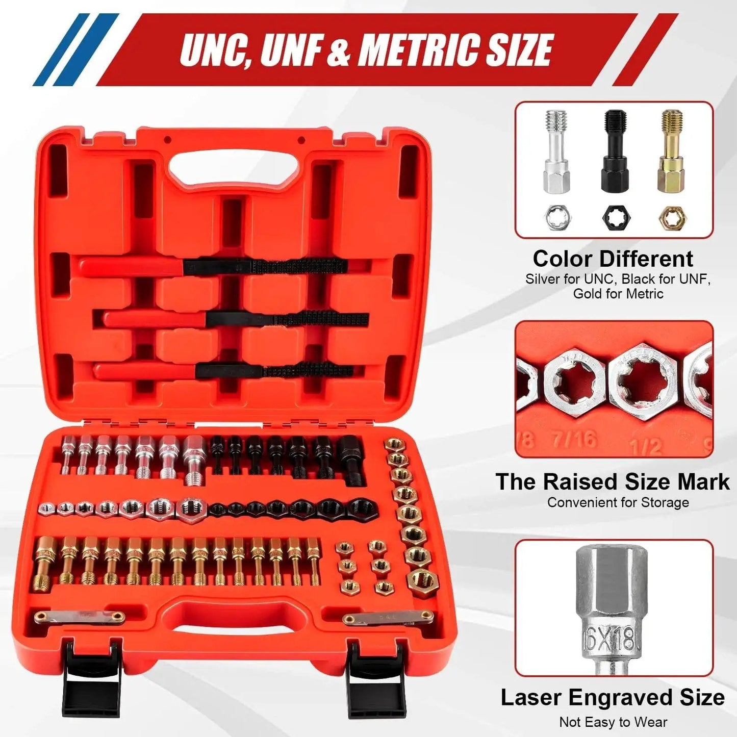 61 Pcs Thread Repair Kit With UNC UNF Metric Chasers Taps Dies And Pitch Gauge in red case, open view, showing tools.