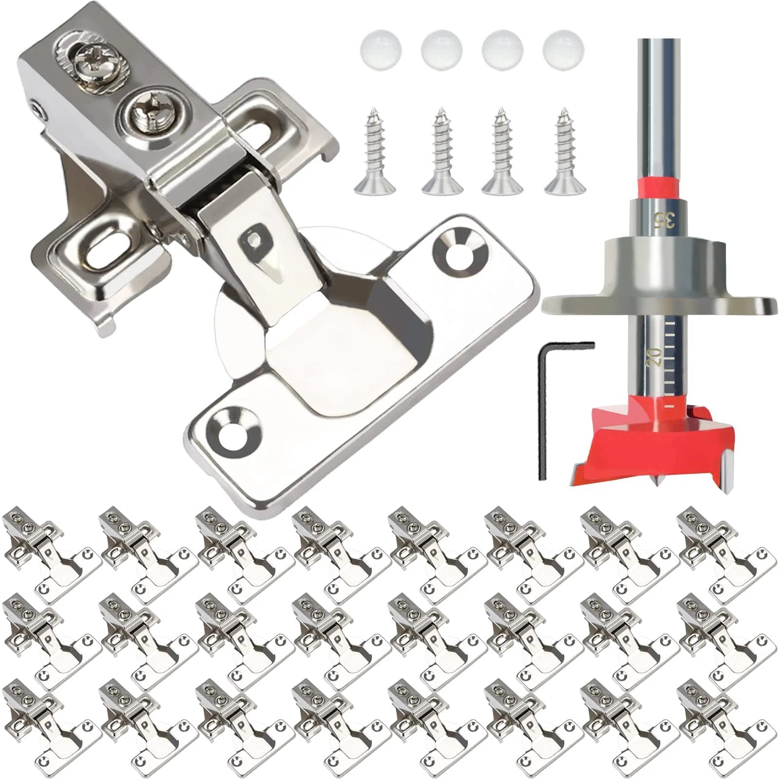 24 Pack Half Inch Overlay Soft Close Cabinet Hinges For Kitchen Cabinets With 100 Degree Opening Angle In Stainless Steel Concealed Self Closing Design Includes Drilling Tool And Manual For Easy No Fuss Install with hardware and drill tool.