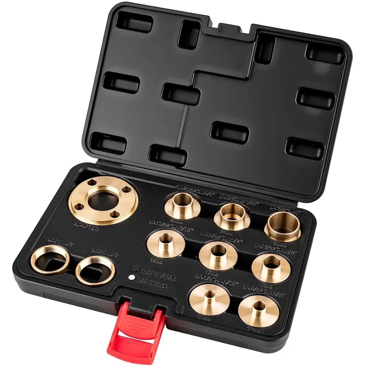 11Pcs Brass Router Bushing Guide Set With Lock Nut Adapter in a case with 8 brass bushings, compatible with Porter Cable style sub bases.