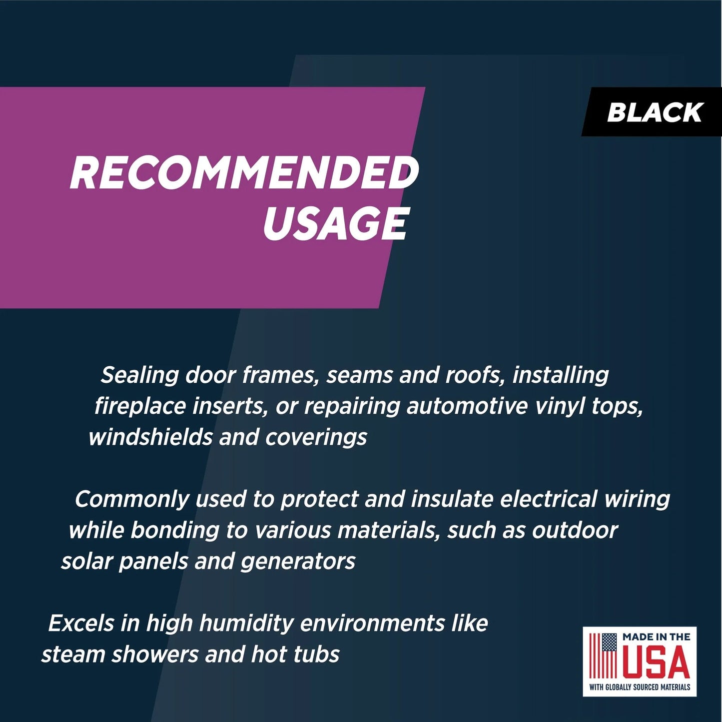 Recommended usage instructions for High Temperature Black Silicone Sealant For 500F RTV Gasket Maker Adhesive That Sticks To Glass Metal Plastic Wood Brick And Stone UV Stable Oil Resistant Non Corrosive USA Made Rutland Compatible, highlighting sealing and insulating applications.