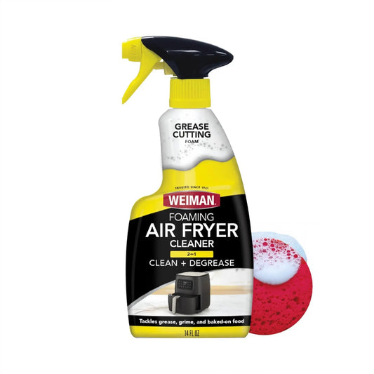 Foaming Air Fryer Cleaner Kit With Non Abrasive Sponge For Ceramic Baskets next to a red and white sponge