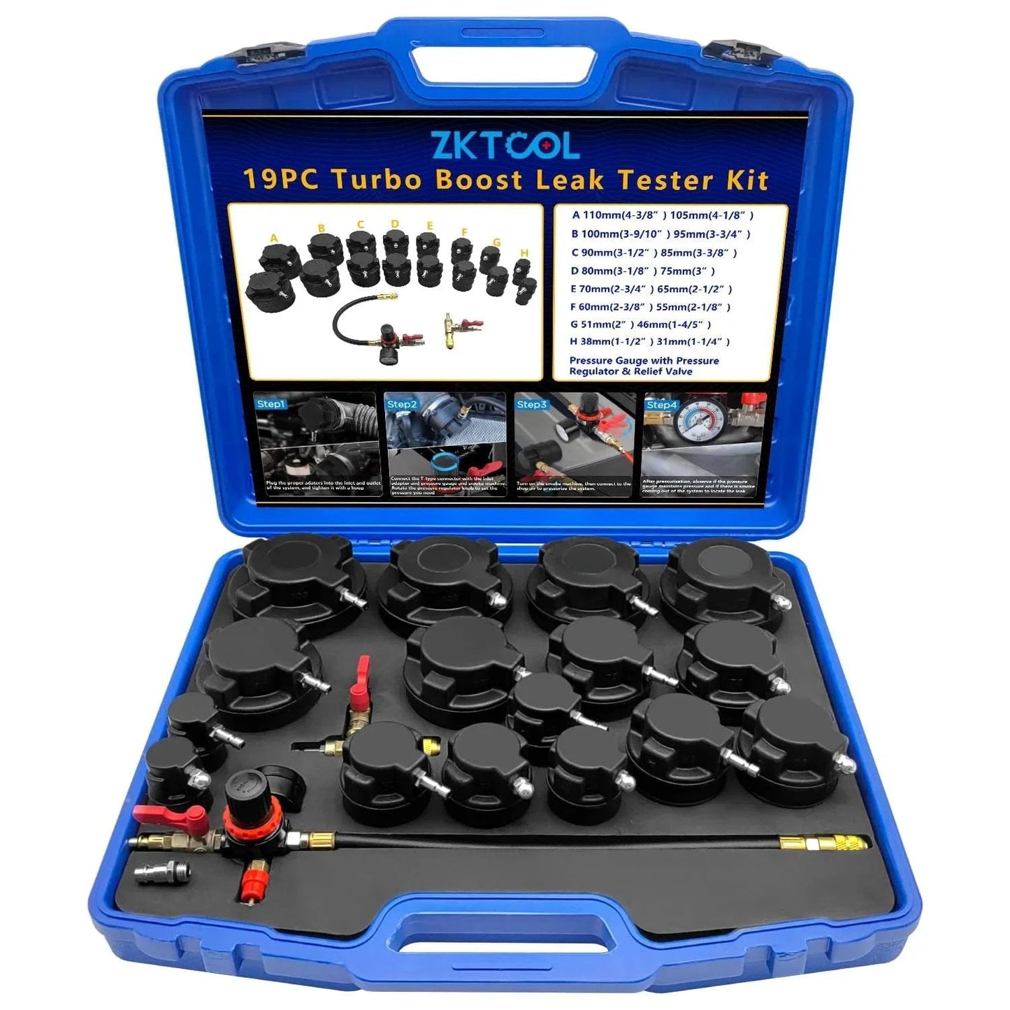 Turbo System Leak Tester Kit For Turbo Cooling And Emissions Nineteen Piece Set With Eight Pairs Of Stepped Adapters By ZKTOOL in blue case