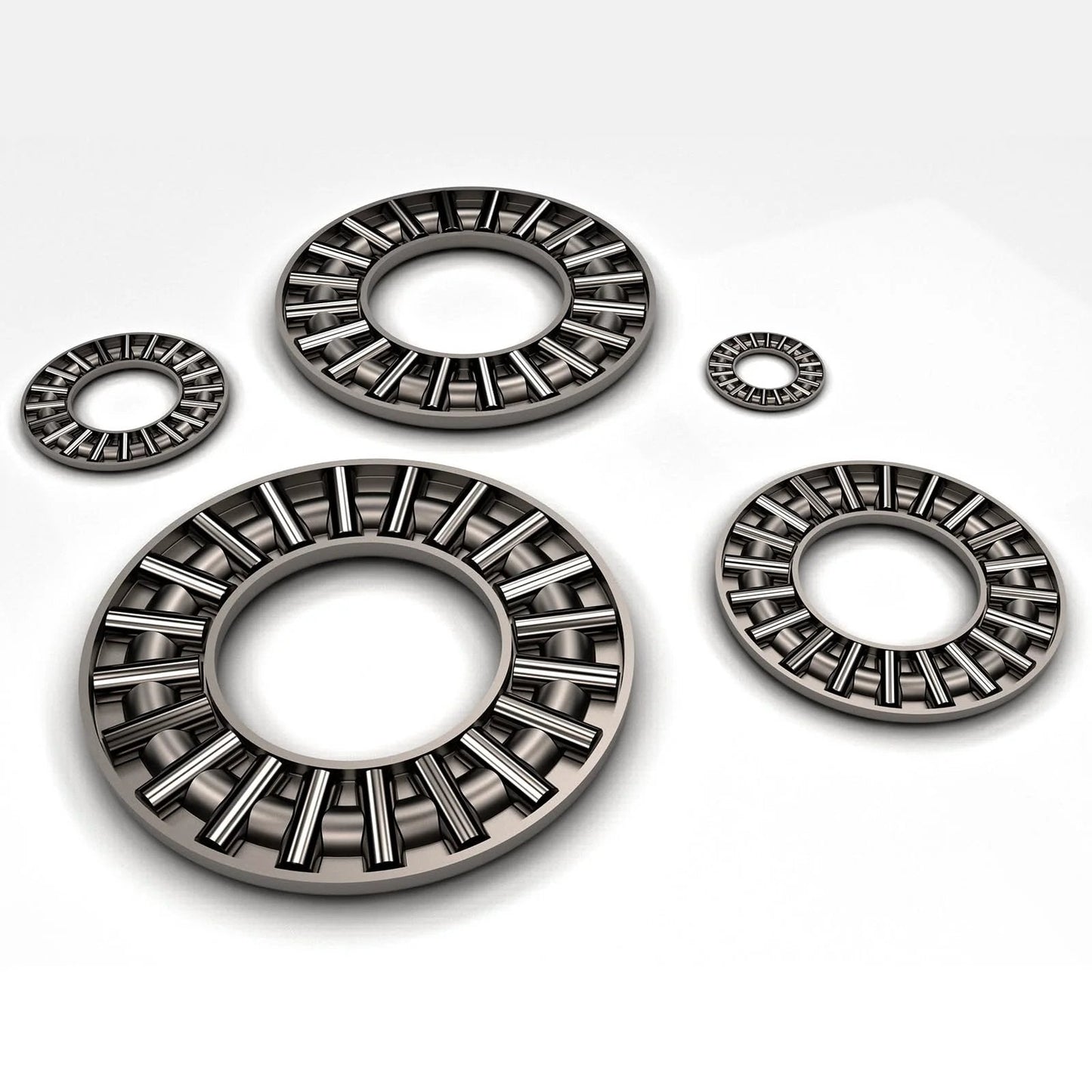 Thrust Needle Roller Bearing Set With Washers TC1018, 5/8 Inch Bore, displayed in a circular formation, chromium steel rollers.