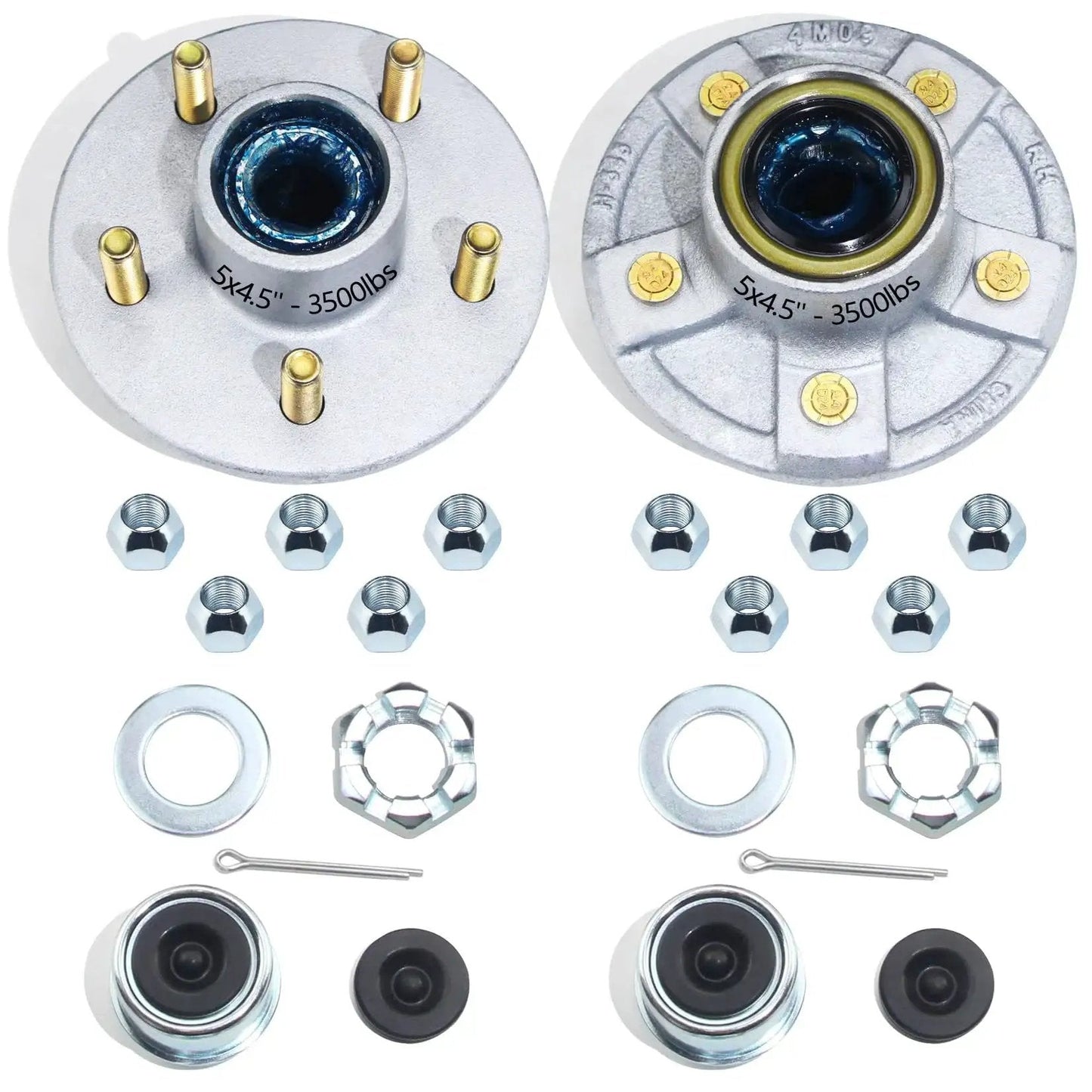 5 On 4.5 Inch Galvanized Trailer Hub Kit For 3500 Lb Axles With accessories, pre-lubricated with L44649 and L68149 bearings