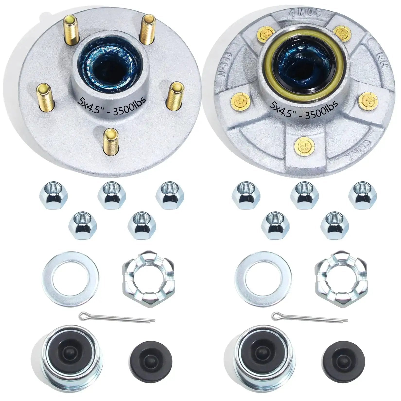 5 On 4.5 Inch Galvanized Trailer Hub Kit For 3500 Lb Axles With accessories, pre-lubricated with L44649 and L68149 bearings