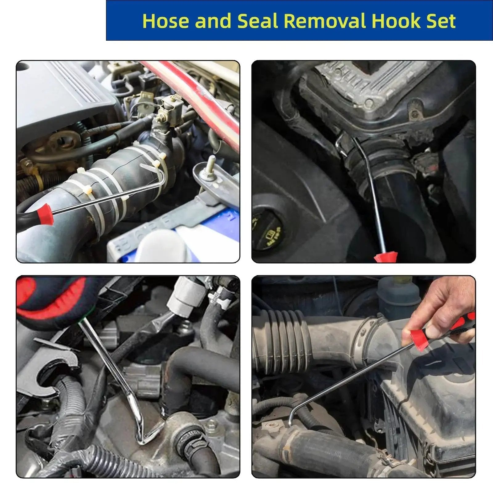 Radiator Hose Removal Tools Set With 8 And 10 Inch Picks 4 Pack Hose Pullers used in various engine hose detachments.