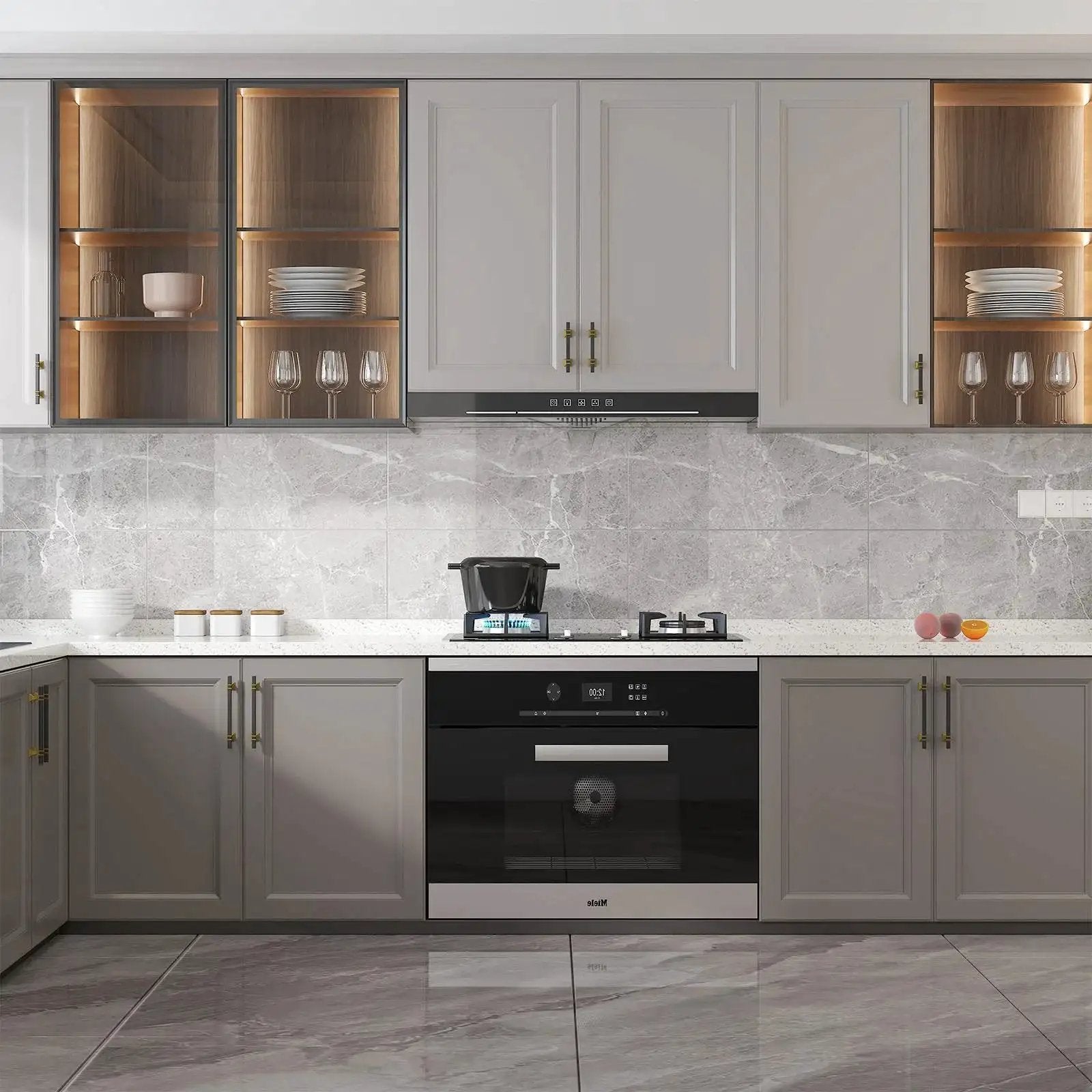 Modern kitchen with 10 Pack Black And Gold Cabinet Pulls 5 1/16 Inch Overall Length With 3 Inch Center Hole installed on gray cabinets.