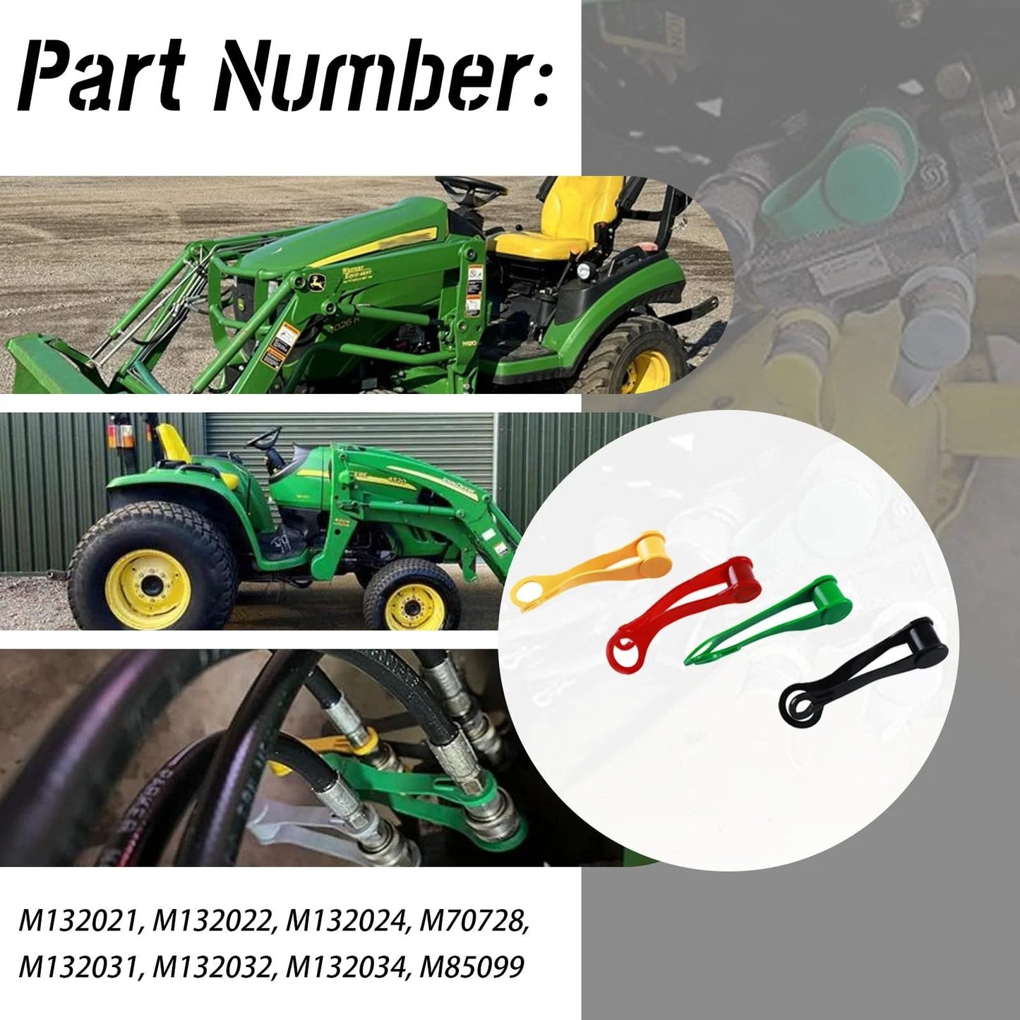 8 Piece Hydraulic Fitting Coupler Protective Covers Set For John Deere Tractors Black Yellow Green Red No Nonsense Multi Color Caps And Port Plugs For Durable Protection Of Hydraulic Ports And Quick Connect Fittings displayed with tractor