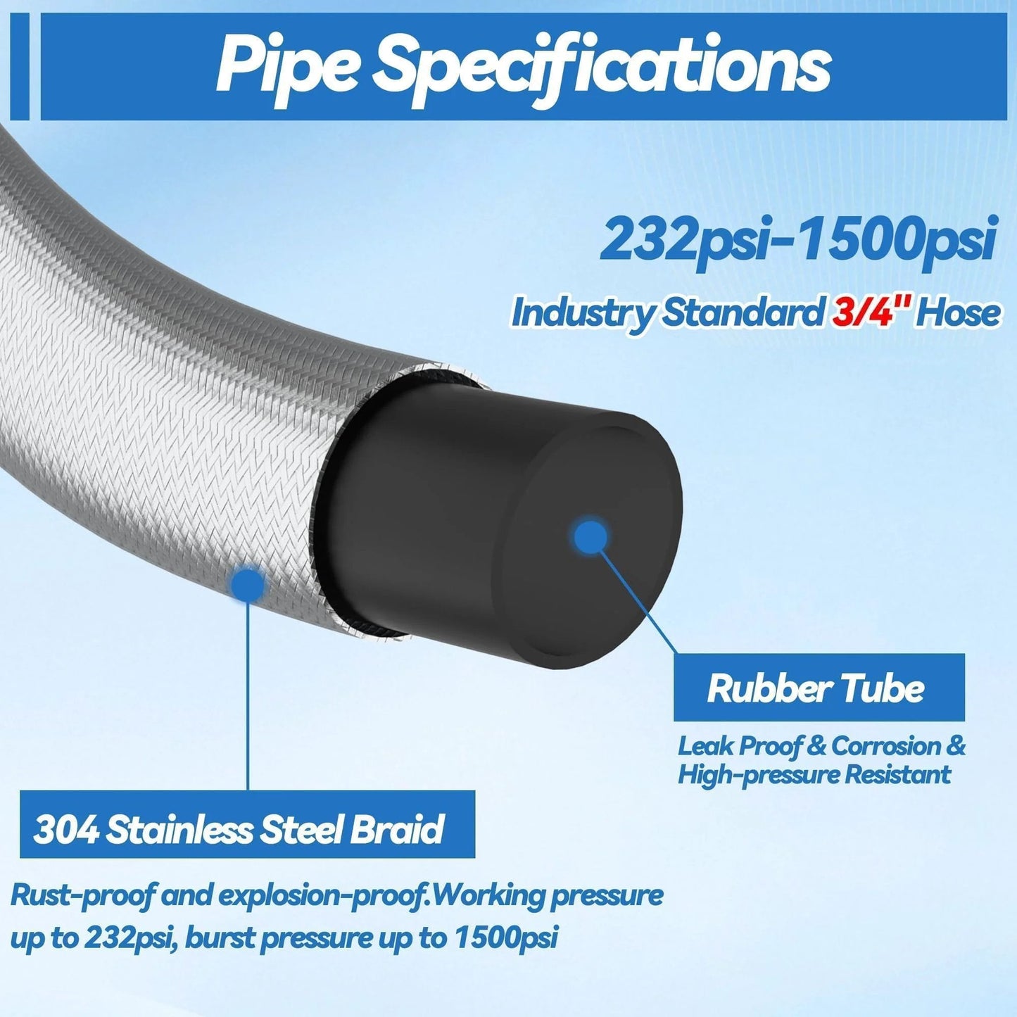 Heavy Duty 5 Foot Garden Hose With EPDM Rubber Core And 304 Stainless Steel Braided Layer No Kink Flexible Water Hose