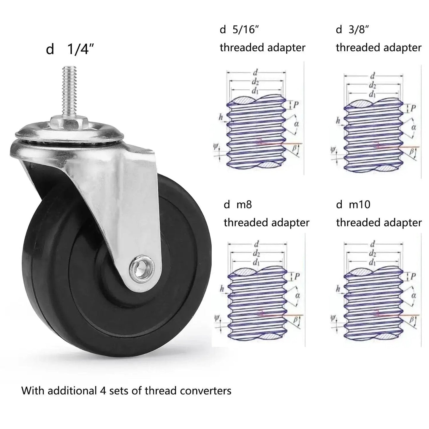 Three Inch Wire Shelf Casters Set Of Four With Threaded Stems M8 And M10 For Wire Shelving Heavy Duty Steel Housing