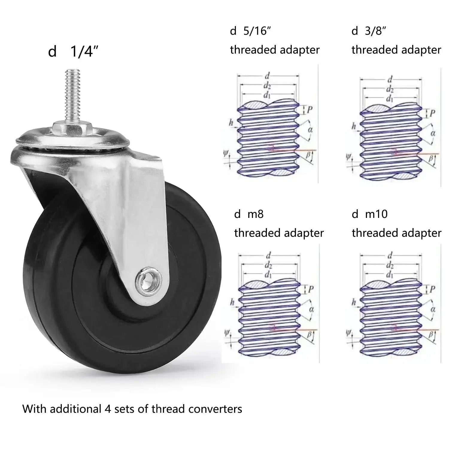 Three Inch Wire Shelf Casters Set Of Four With Threaded Stems M8 And M10 For Wire Shelving Heavy Duty Steel Housing