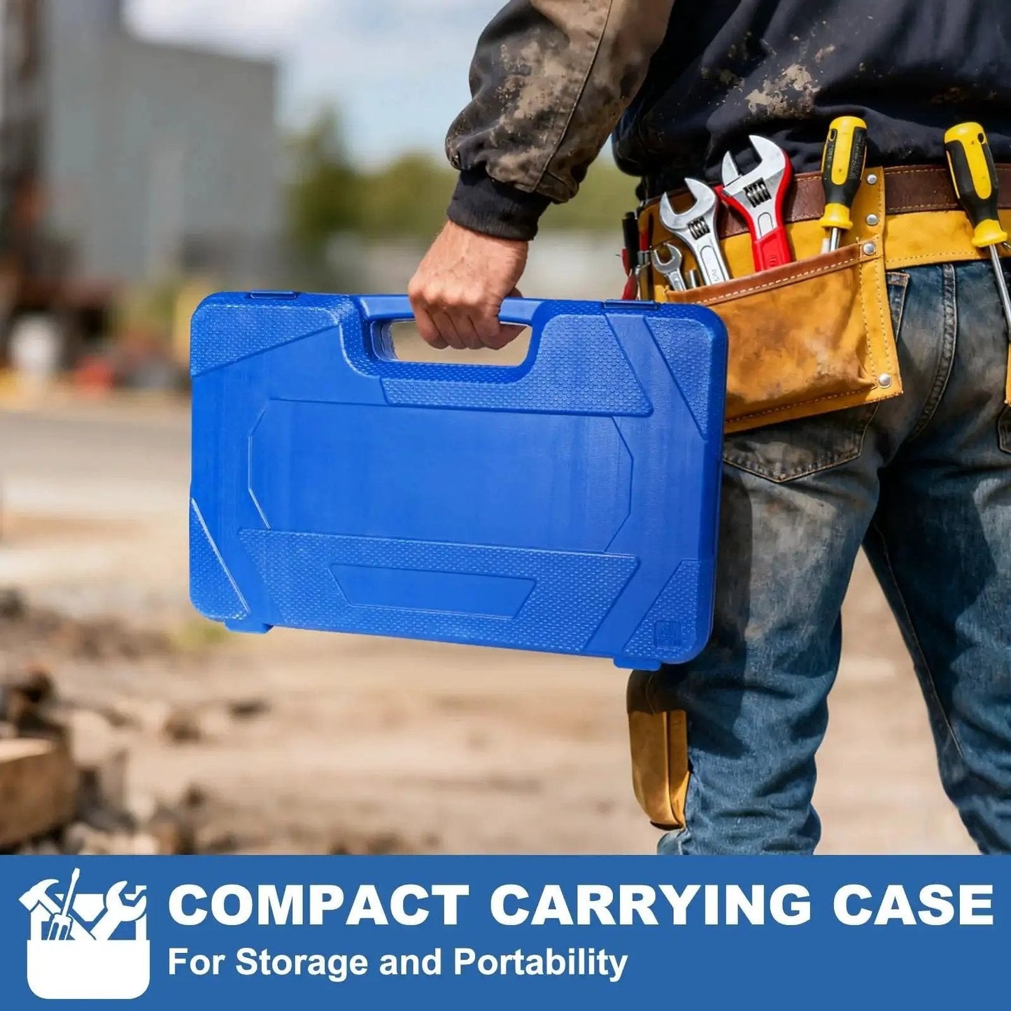 Person holding blue storage case for 55 In 1 Bearing Puller Kit With Inner Hole Three Jaw Puller for cars and machinery