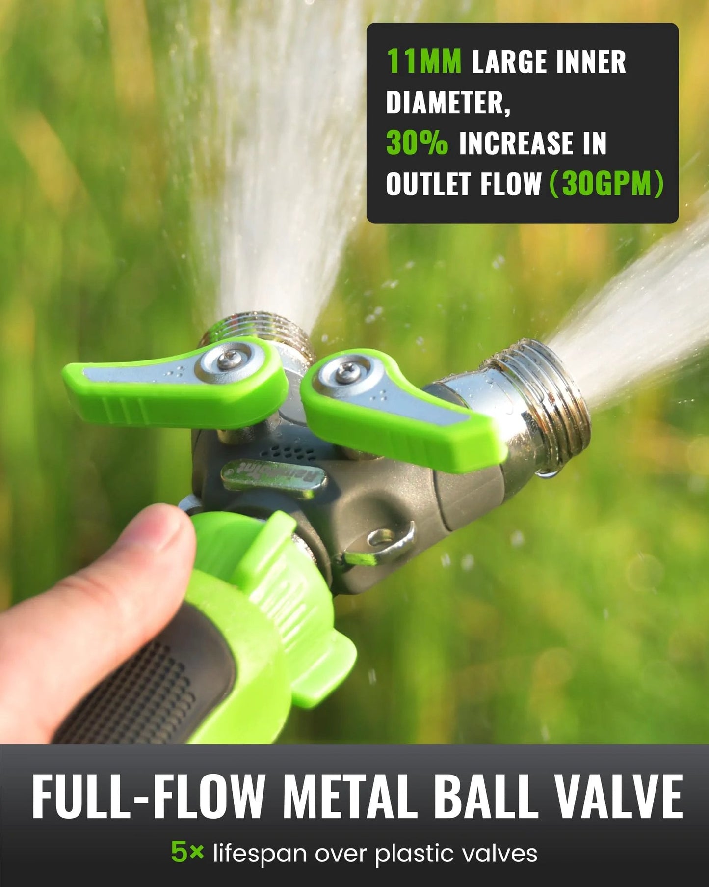 Heavy Duty Metal Garden Hose Splitter 2 Way Y Valve With Shutoff, Three Quarter Inch GHT Thread, 1.9 Inch Extra Long Metal Handle