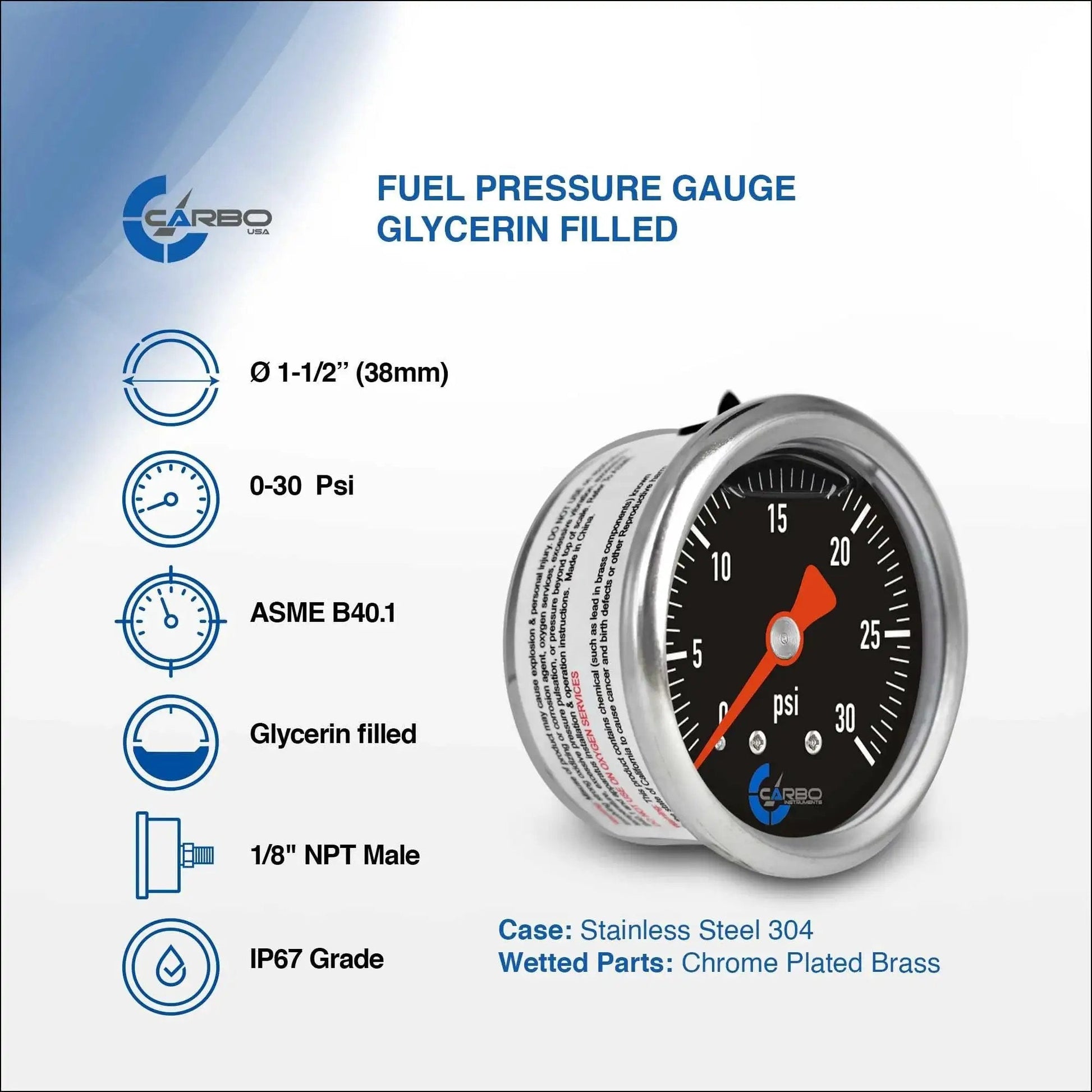 Heavy Duty Fuel Pressure Gauge For Vessels And Automotive Lines, 1 1/2 Inch Dial, Glycerin Filled, 0 To 30 Psi, Stainless Steel Case 304
