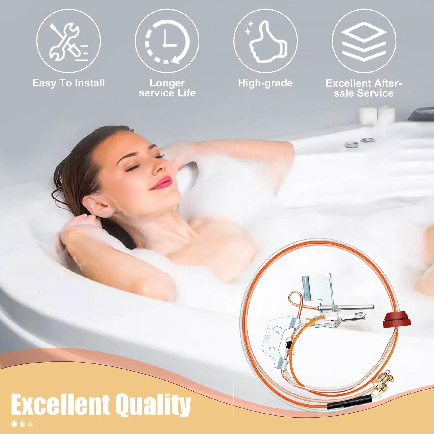 Woman relaxing in a bathtub with Easy Install Natural Gas Pilot Assembly Replacement For Reliance A O Smith Kenmore And State GS And GSX Water Heaters 9003542 shown on the side. Focus on product and its application.