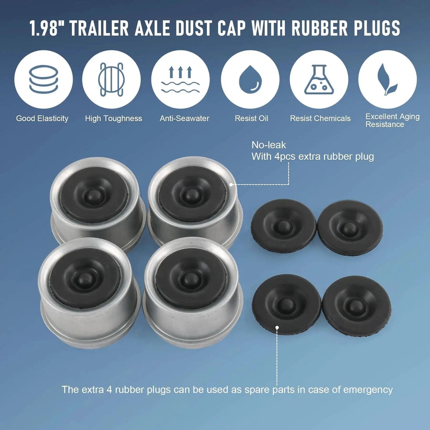 4 Pack 1.98 Inch Trailer Axle Dust Cap Hub Grease Cover Kit With Extra Rubber Plugs For Most 2000 To 3500 Pound Axles Dexter EZ Lube