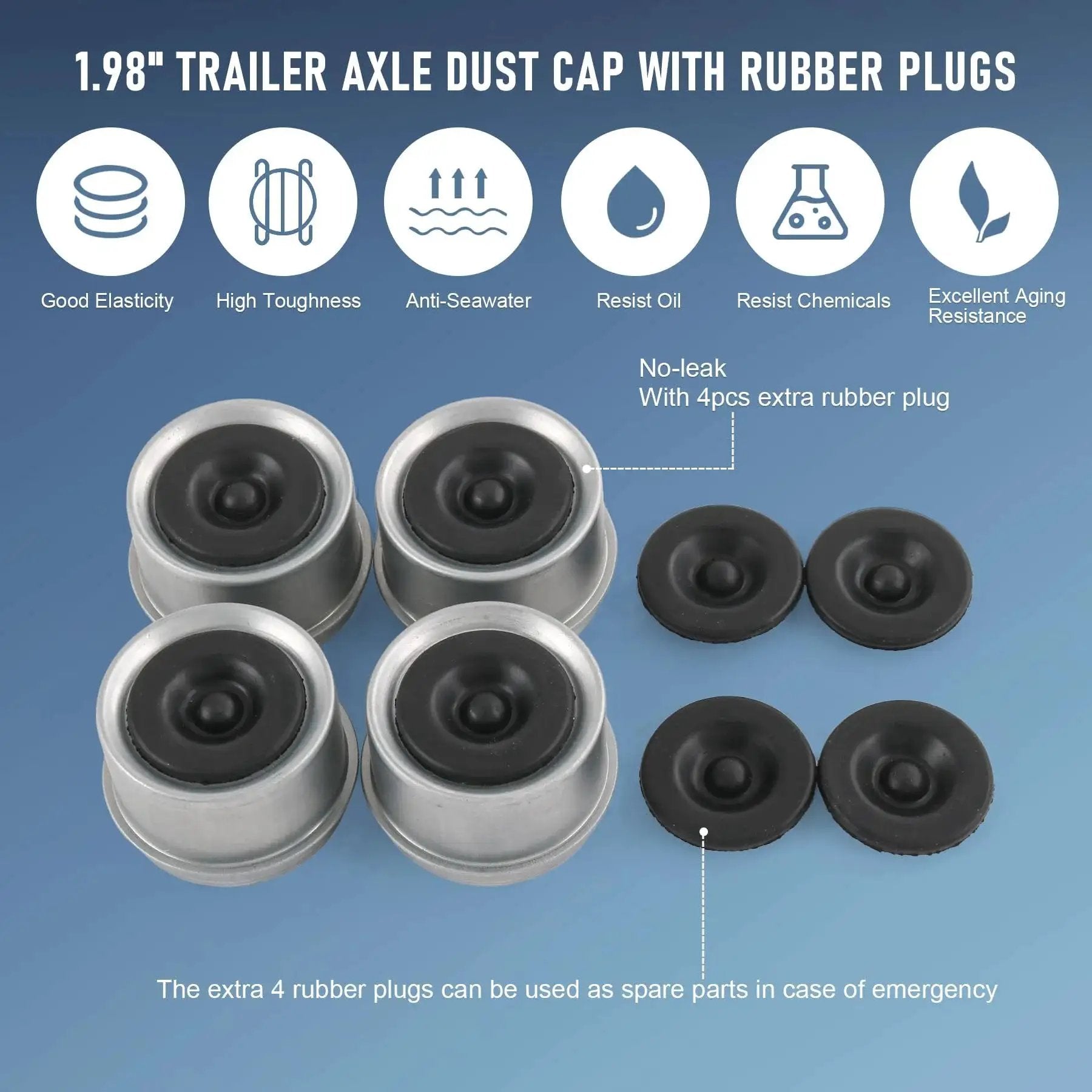 4 Pack 1.98 Inch Trailer Axle Dust Cap Hub Grease Cover Kit With Extra Rubber Plugs For Most 2000 To 3500 Pound Axles Dexter EZ Lube