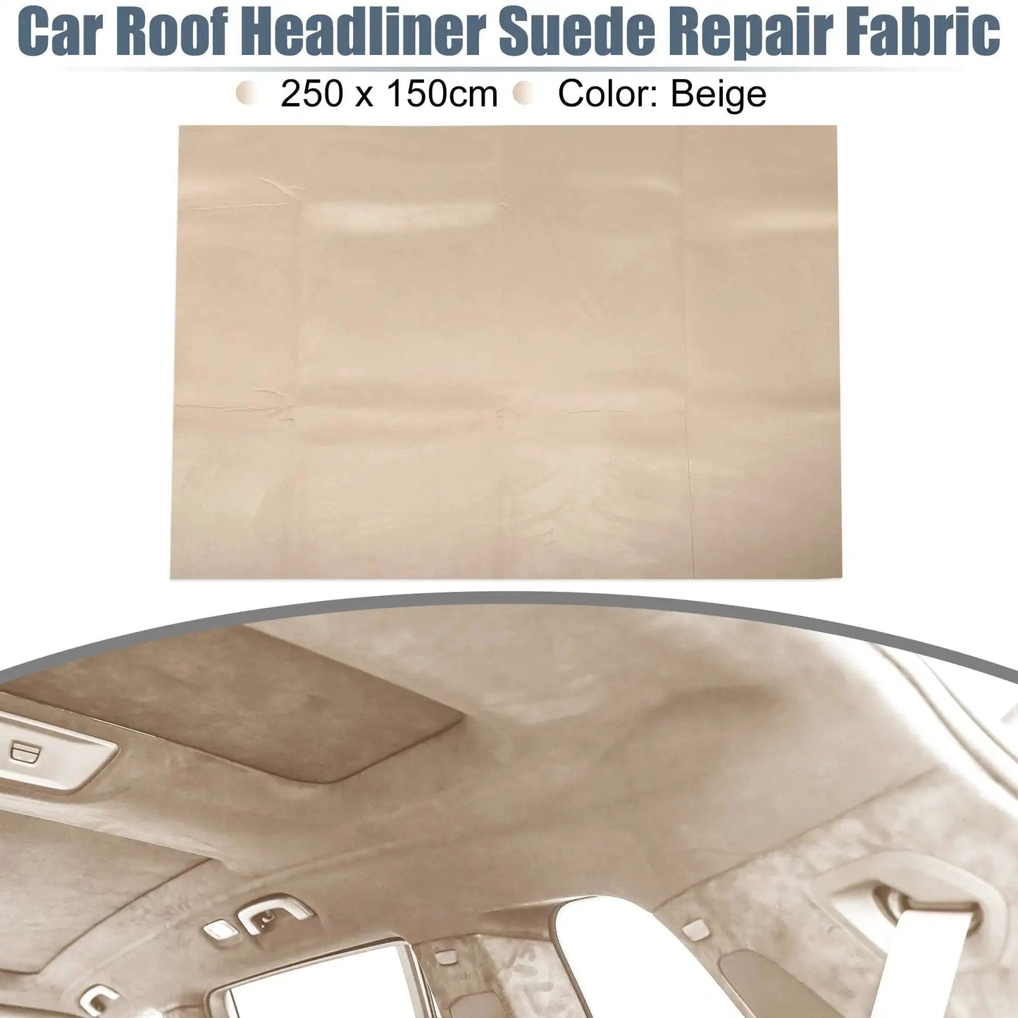 Beige Suede Headliner Fabric With 3mm Foam Backing For Car Truck SUV Interior, shown with repair installation example.