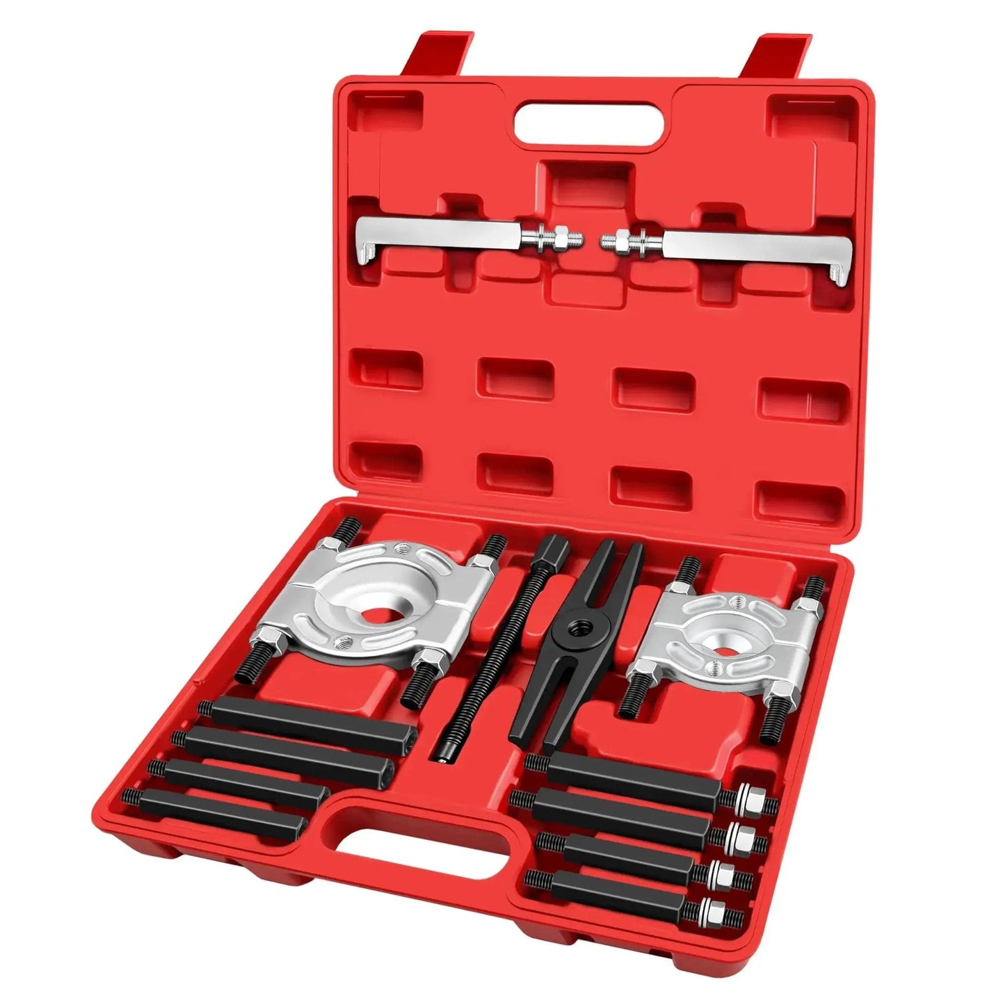 Bearing Puller And Splitter Set 14-Piece Heavy Duty Kit With 5 Ton Capacity in red carrying case, includes separator jaws and extension screws