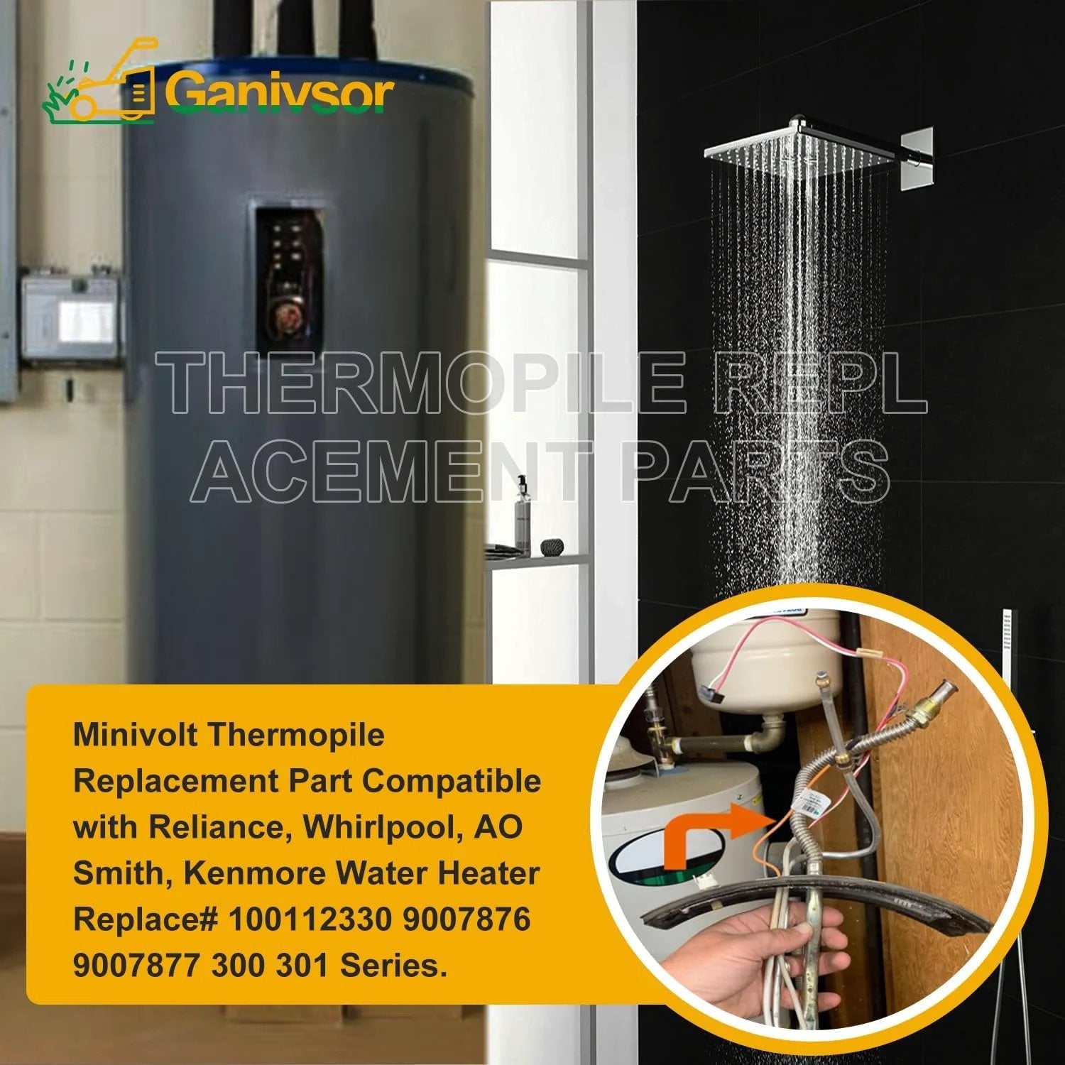 Minivolt Thermopile 100112330 Water Heater Replacement Part compatible with major brands, shown during installation.