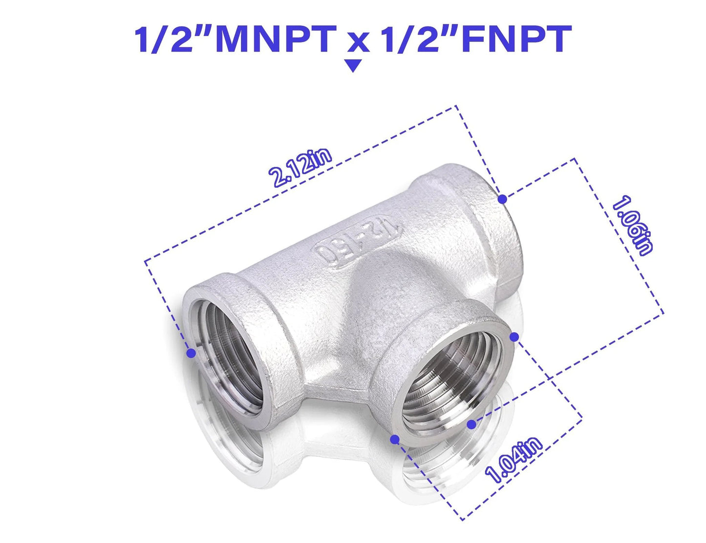 Half Inch NPT Tee Fitting 304 Stainless Steel 3 Way Female Pipe Fitting For Gas Oil Water Lines, dimensions labeled