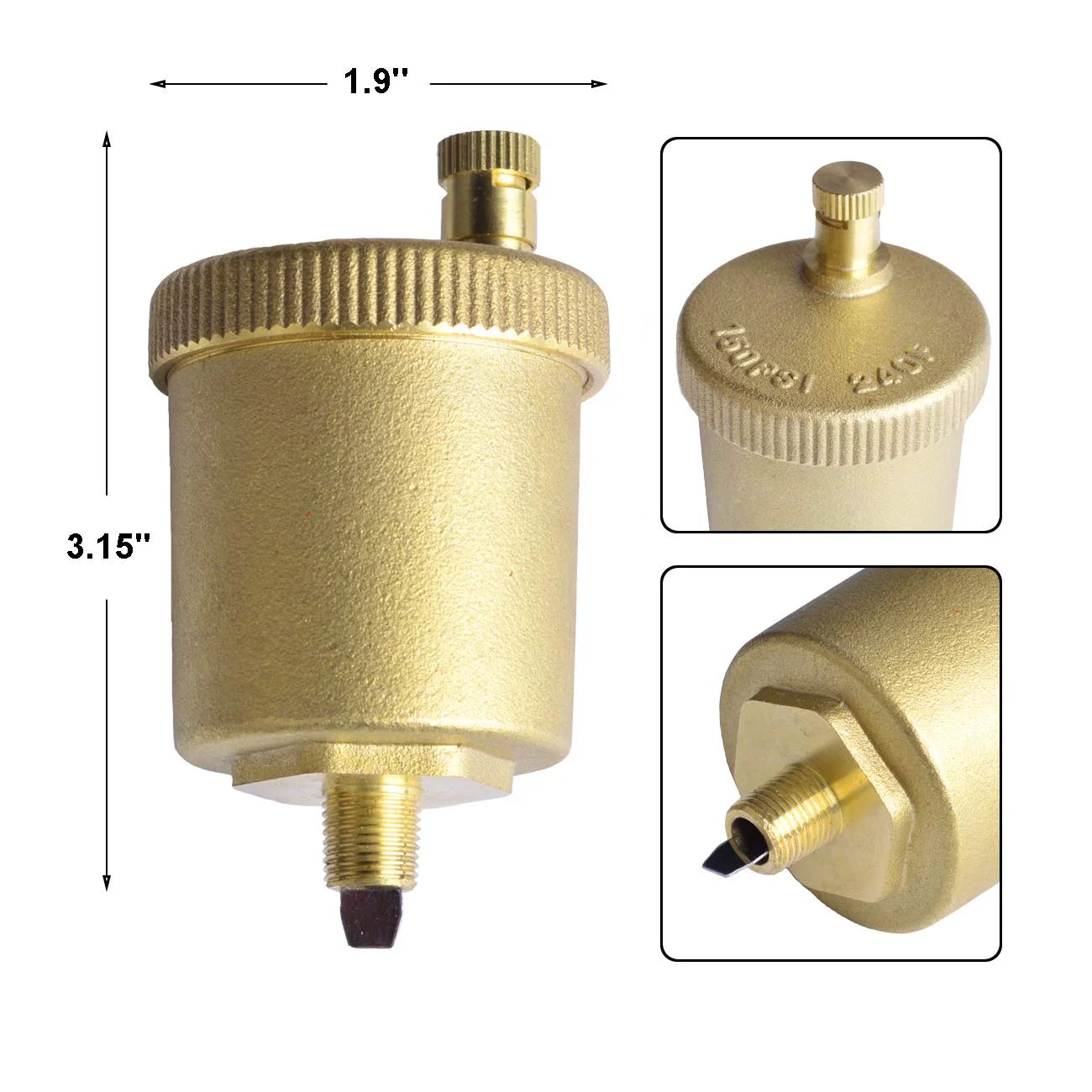 Automatic 1/8 Inch Brass Air Vent Valve For Heating Systems, Heavy Duty Brass Construction, 150 Psi Max Pressure, 240 F Max Temperature, NPT Threaded