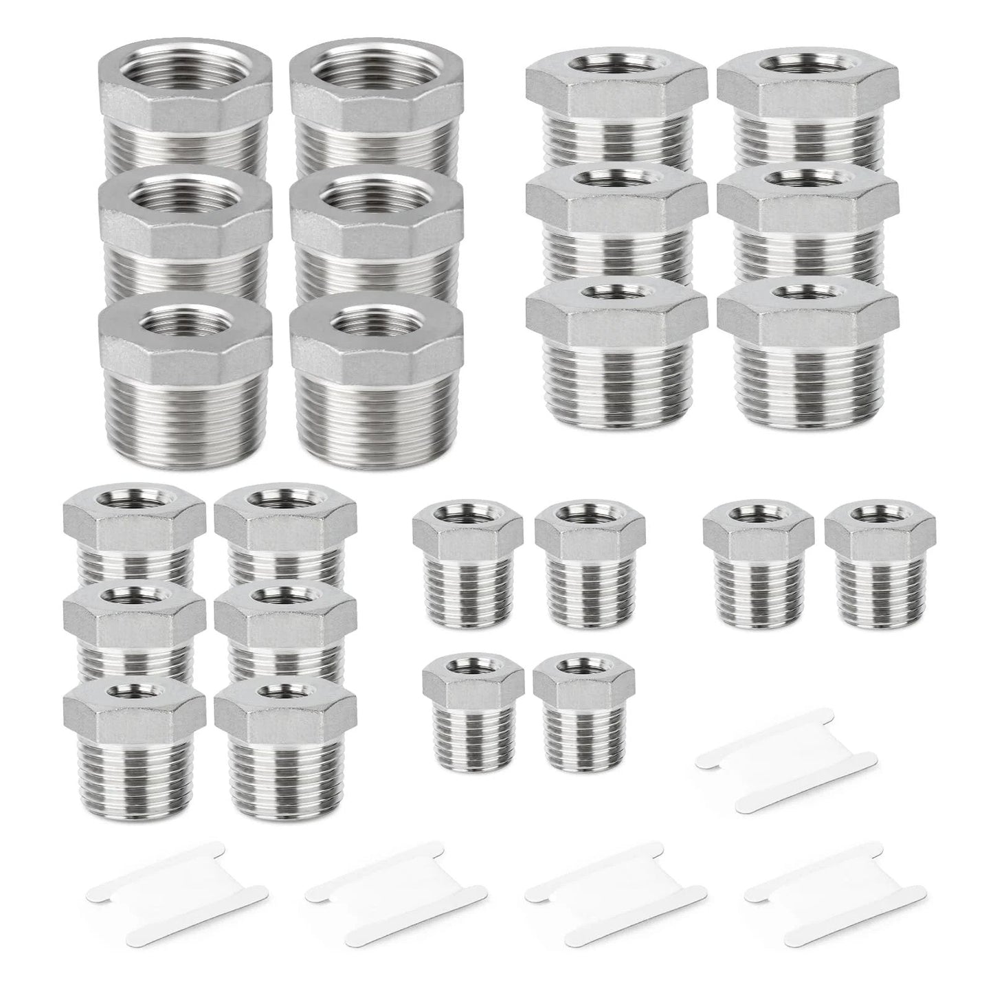 Pro Grade 24 Piece Reducer Hex Bushing Fitting Kit In 304 Stainless Steel For Pipe Thread Adapters And Fittings displayed