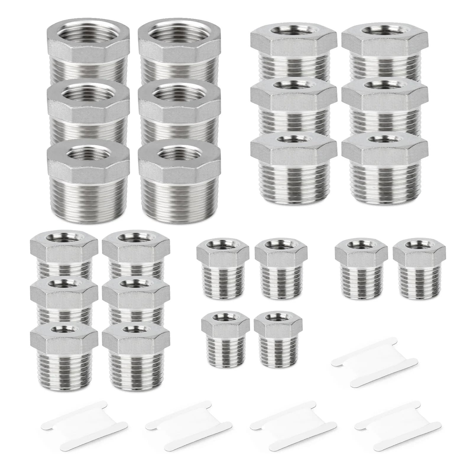 Pro Grade 24 Piece Reducer Hex Bushing Fitting Kit In 304 Stainless Steel For Pipe Thread Adapters And Fittings displayed