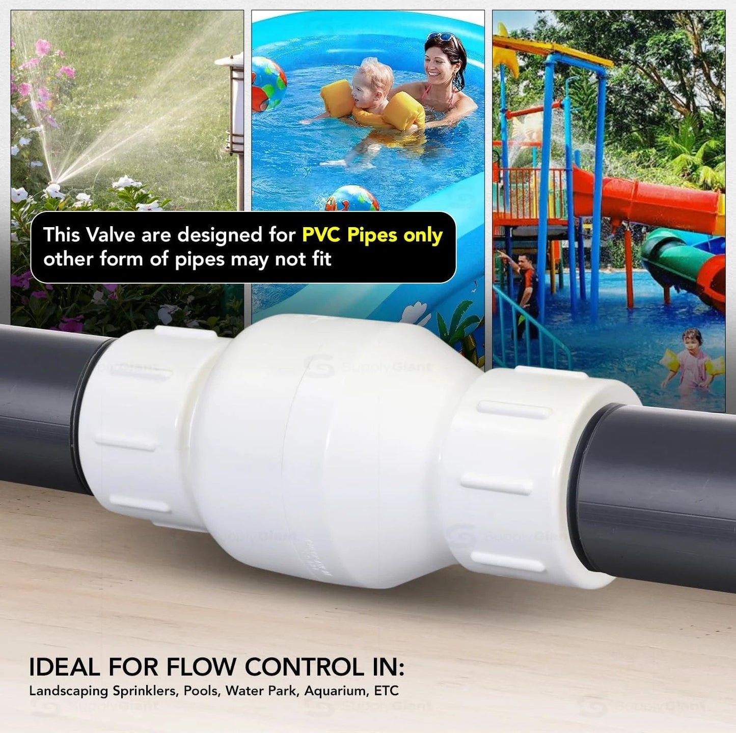 PVC Inline Check Valve For Backflow Prevention Three Quarter Inch FIP White Plastic Not For Potable Water Stainless Steel Spring Loaded With EPDM O Rings And TPE Seats For A Leak Free Seal shown in irrigation and pool settings