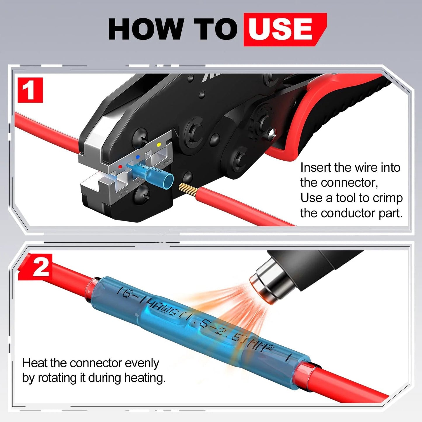 How to use Heat Shrink Butt Connectors For 22 16 AWG 100 Pcs Waterproof Splice Terminals with crimping tool and heat source.