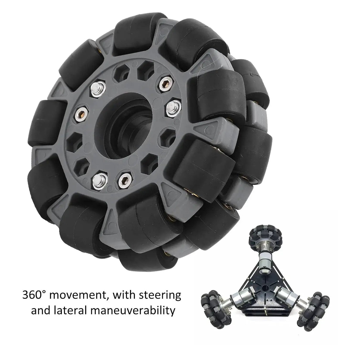 Omnidirectional 100mm double plastic wheel for robots with 360 degree mobility and side sliding for precise maneuvering in tight spaces.