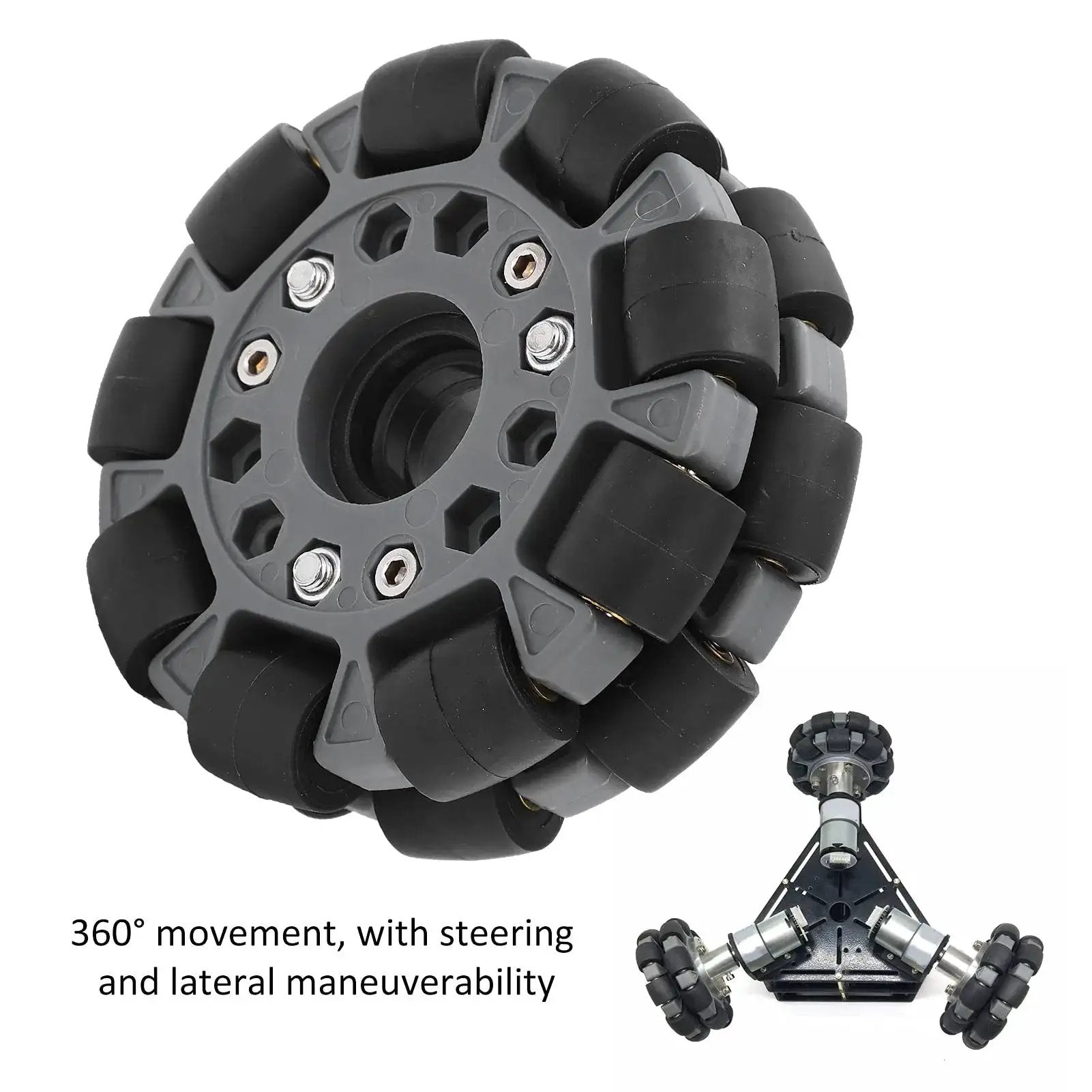 Omnidirectional 100mm double plastic wheel for robots with 360 degree mobility and side sliding for precise maneuvering in tight spaces.