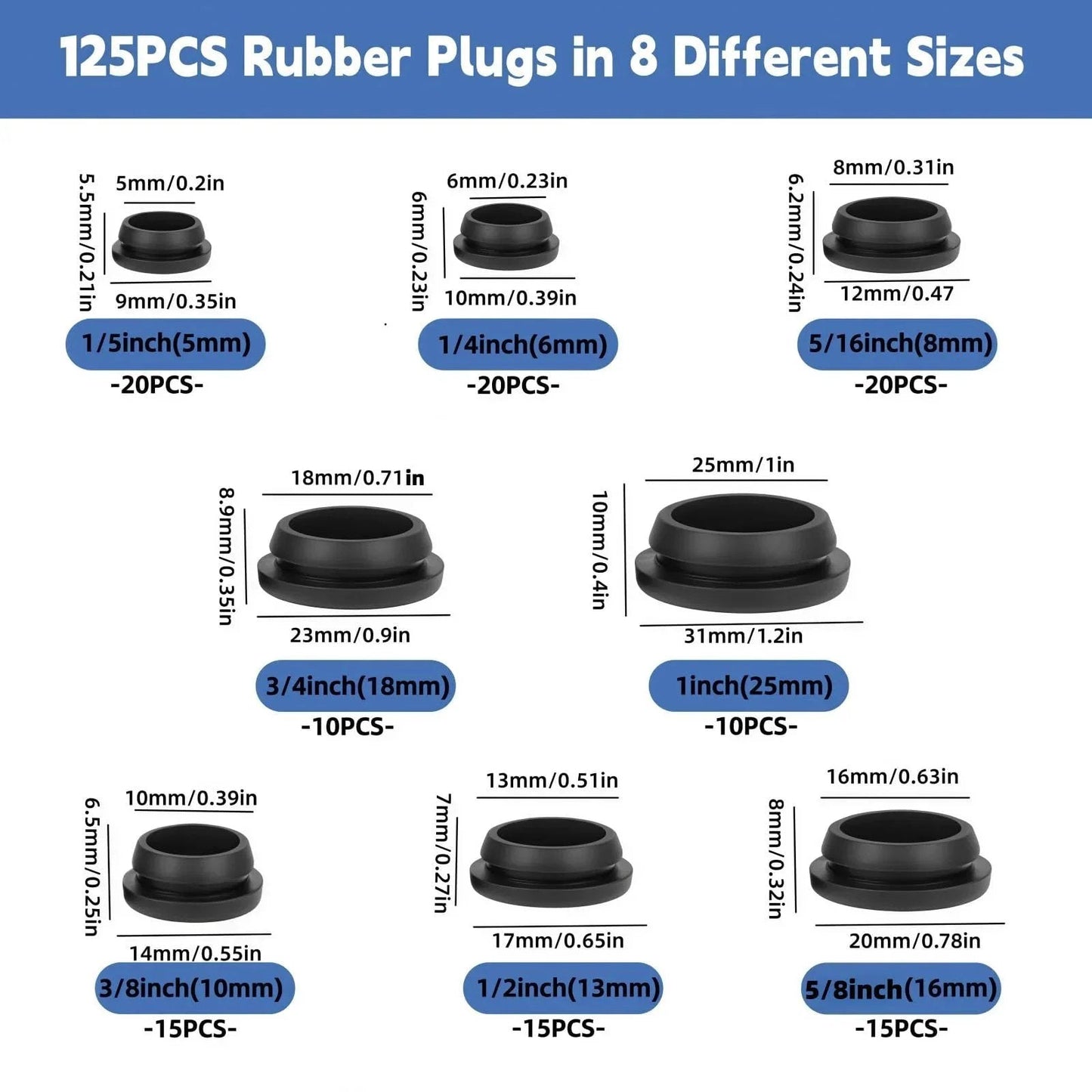 125 Pieces Black Rubber Round Hole Plugs Set In Eight Sizes Silicone Plugs For Round Holes For Furniture Office Kitchen Automotive One Inch Three Quarter Inch Five Eighths Inch One Half Inch Three Eighths Inch Five Sixteenths Inch One Quarter Inch One size chart.