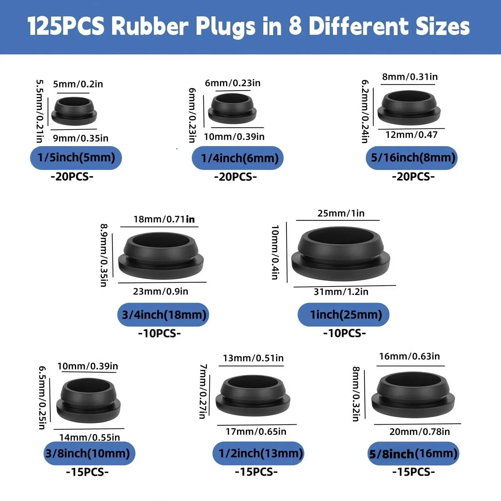 125 Pieces Black Rubber Round Hole Plugs Set In Eight Sizes Silicone Plugs For Round Holes For Furniture Office Kitchen Automotive One Inch Three Quarter Inch Five Eighths Inch One Half Inch Three Eighths Inch Five Sixteenths Inch One Quarter Inch One size chart.