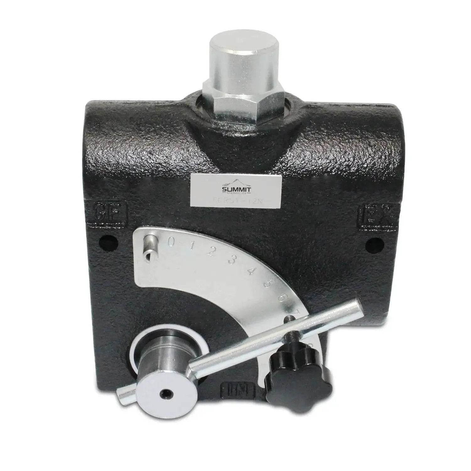 Front view of Adjustable Hydraulic Flow Control Valve with Relief for 0-30 GPM, 3/4 NPT port, black casing, pressure compensating.