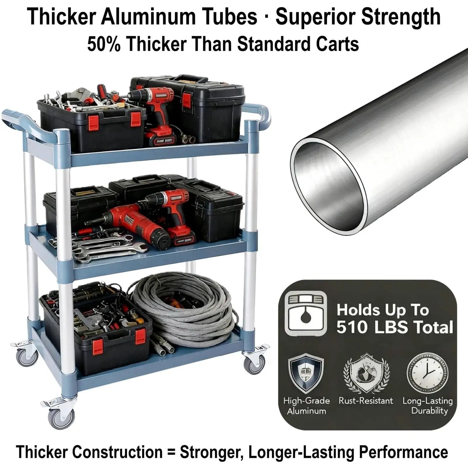 Three Tier Rolling Utility Cart On Wheels With 510 Lbs Capacity And Four Lockable Swivel Casters loaded with tools and equipment