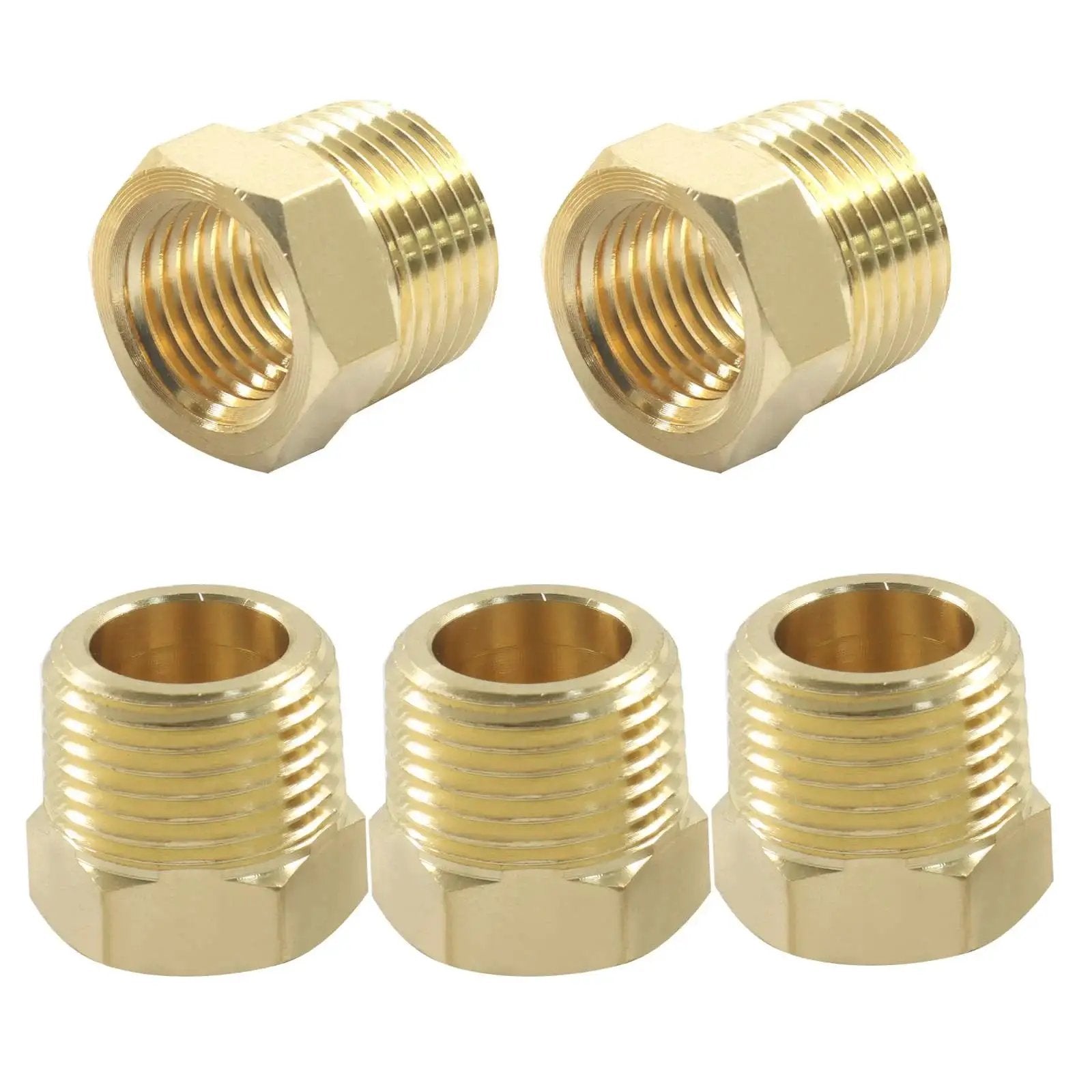 Brass NPT Reducer Fittings Three Eighths Inch Male To One Quarter Inch Female Hex Bushing Pipe Adapter For Hoses And Tubes Five Pack