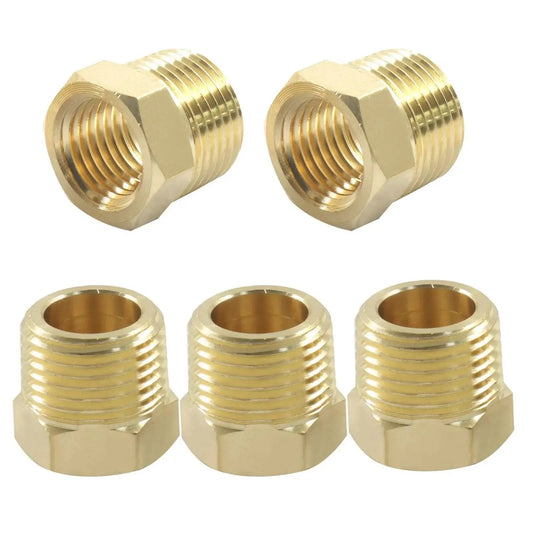 Brass NPT Reducer Fittings Three Eighths Inch Male To One Quarter Inch Female Hex Bushing Pipe Adapter For Hoses And Tubes Five Pack