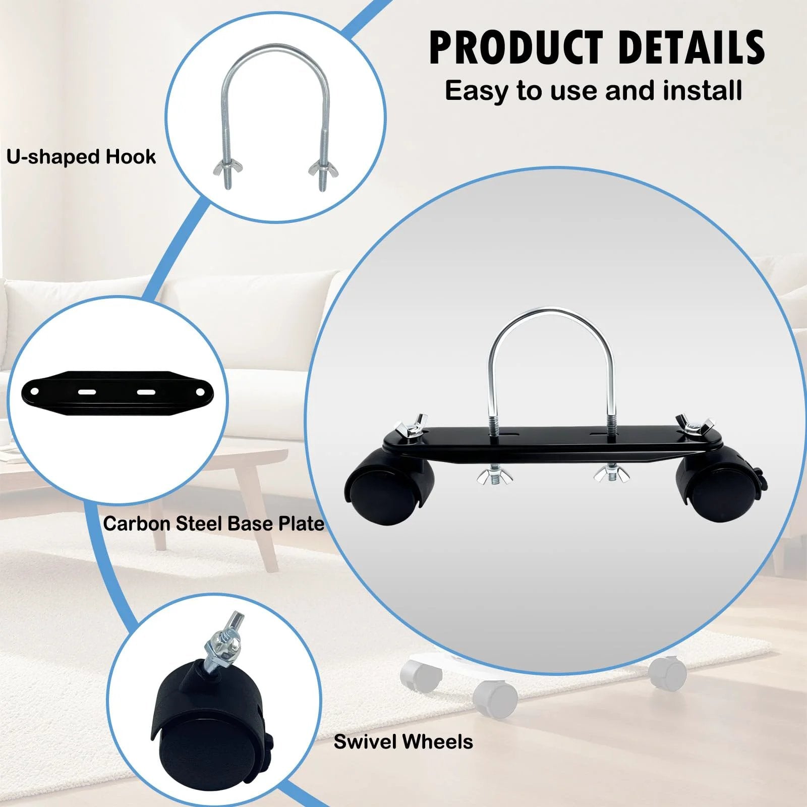 Easy Install Mobile Pulley Bracket Pair Set For Oil Heaters And Oil Filled Radiators With Brake Wheels 360 Degree Swivel Casters Replacement Parts No Tools Needed For Quick Setup, detailed view showing U-shaped hook and swivel wheels.