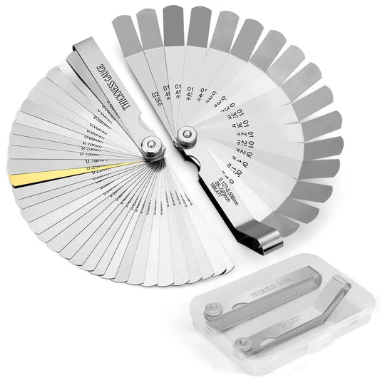 High Precision Pro Grade Feeler Gauge Set With 32 Straight Blades And 16 Offset Fillers Stainless Steel Dual Marked SAE And Metric