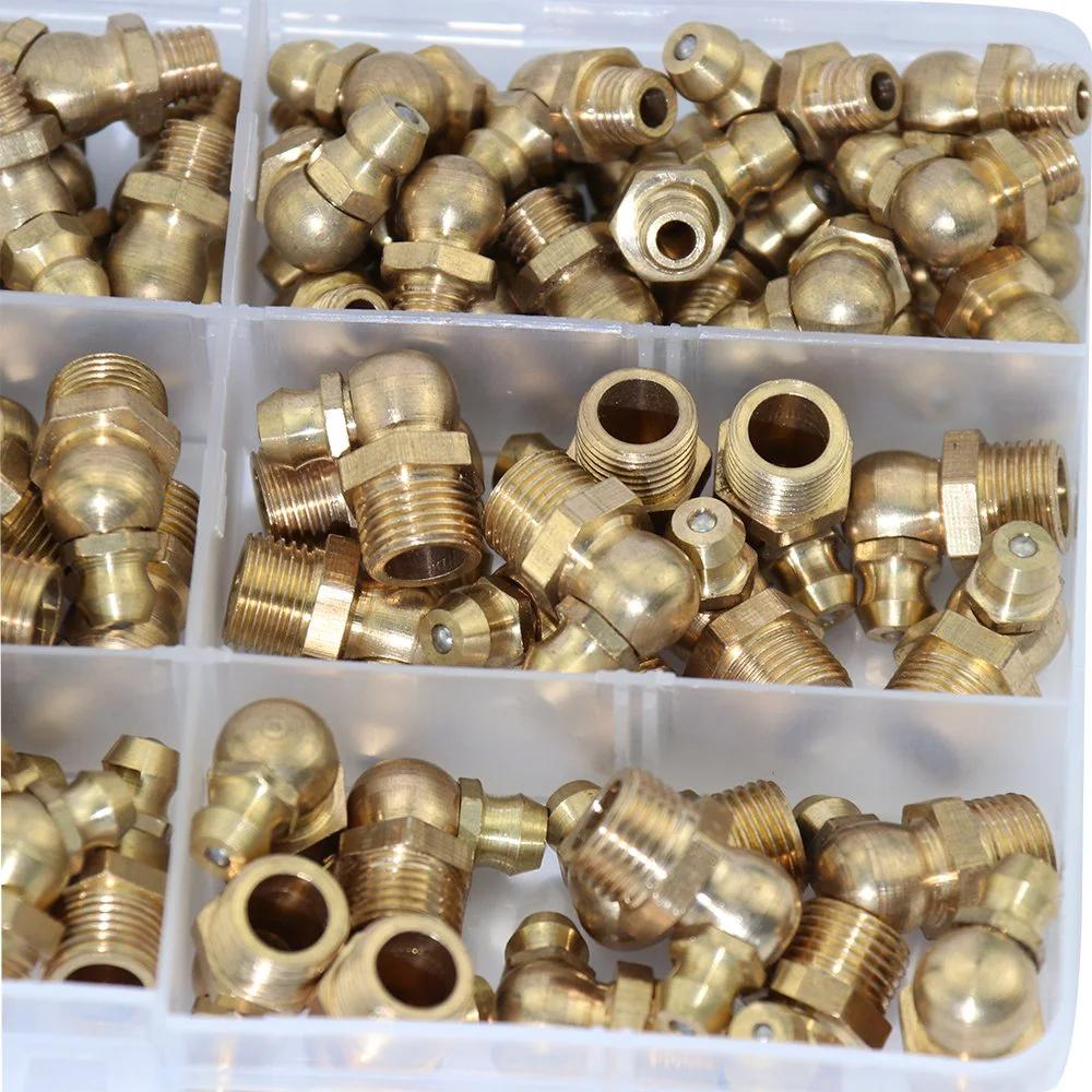 115 Piece SAE Brass Zerk Fitting Assortment Kit for Hydraulic Grease Straight One Quarter Inch Twenty Eight Threads One Eighth