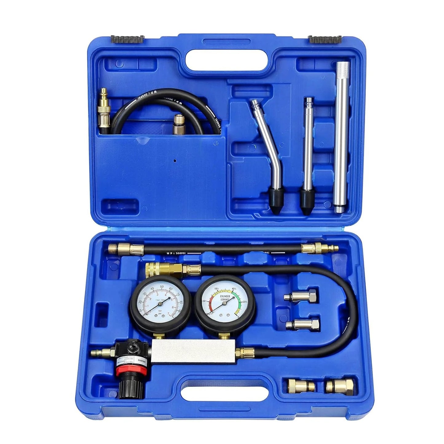 Multi Function Cylinder Leak Down Tester Kit for Gasoline Engines with Dual Gauge Extension Rod in blue case