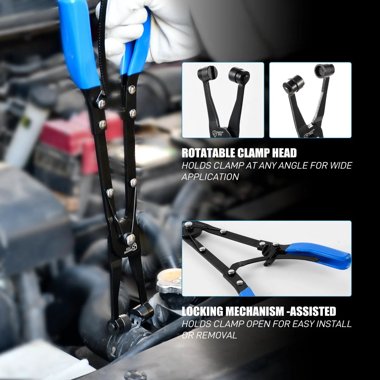 Three Piece Hose Clamp Pliers Set With Locking Assist Featuring 45 Degree 90 Degree And Straight Heads Rotatable Clamp Jaw Professional Hose Clamp Tool For 1.1 To 2.3 Inch Hose Clamps Designed For One Person Installation And Removal in use with rotatable clamp head and locking mechanism visible.