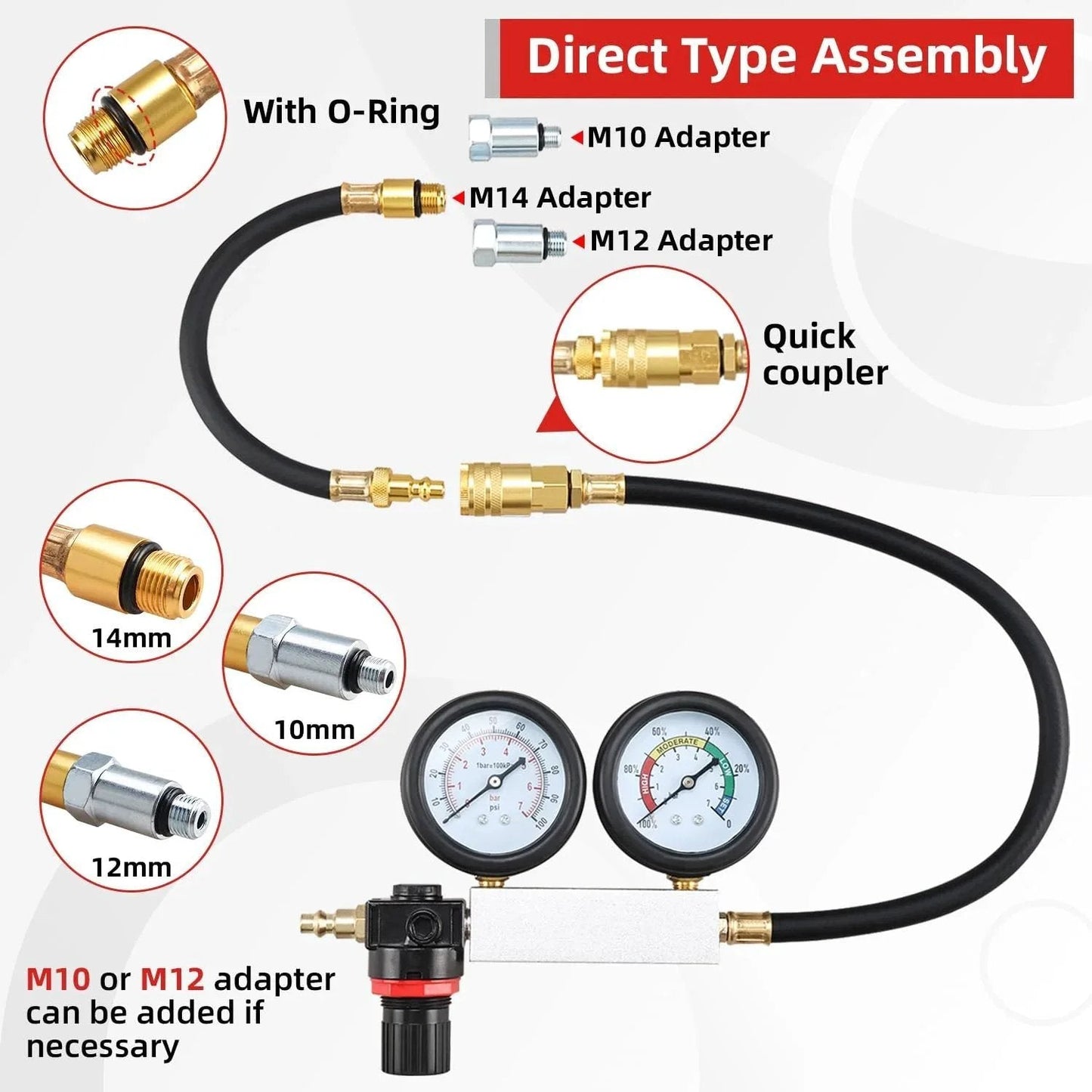 Cylinder Leak Down Tester Kit For Gasoline Engines With Dual Pressure Gauges Easy Read Diagnostic Gear For Compression Leaks Tu21 Detector Pro Grade 8MILELAKE showing adapters and gauges