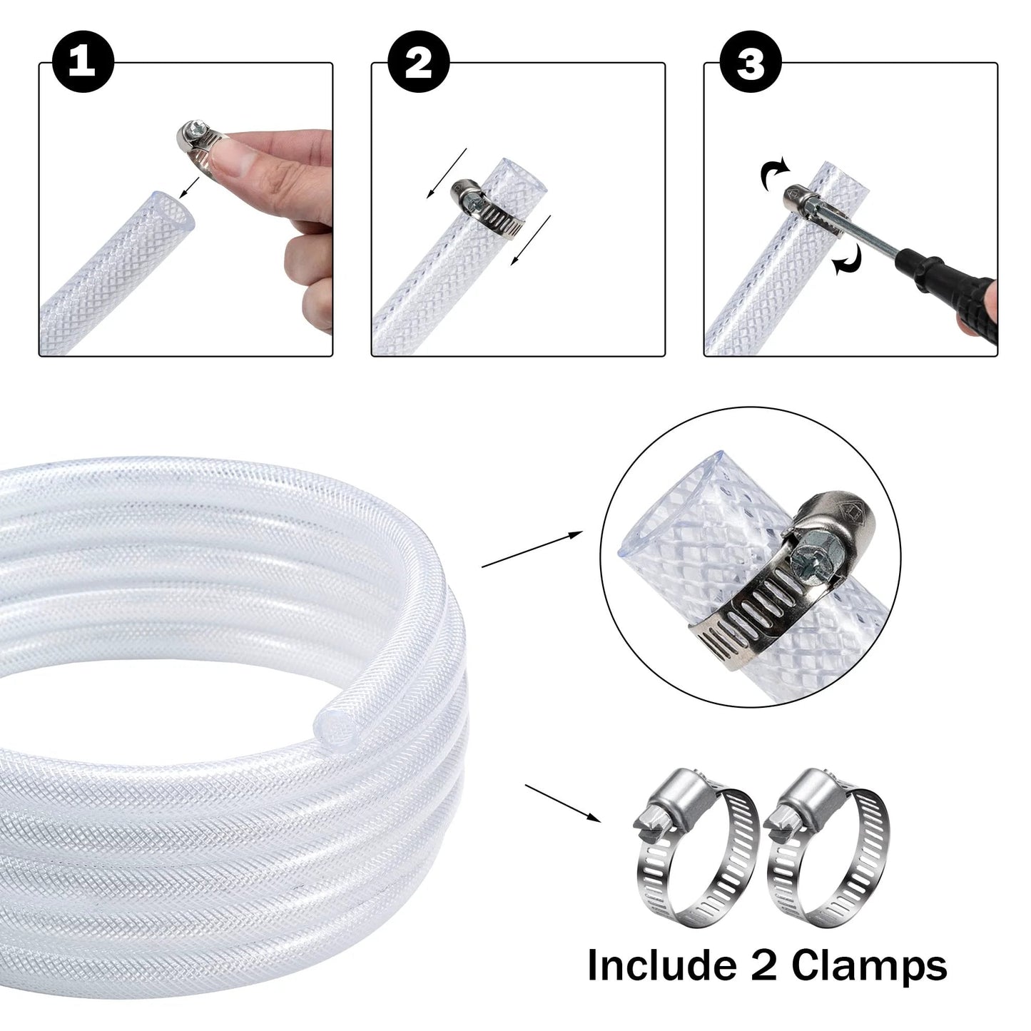 Heavy Duty Braided Clear PVC Tubing By DAVCO 1 Inch ID 25 Ft With Stainless Clamps High Pressure Flexible Reinforced
