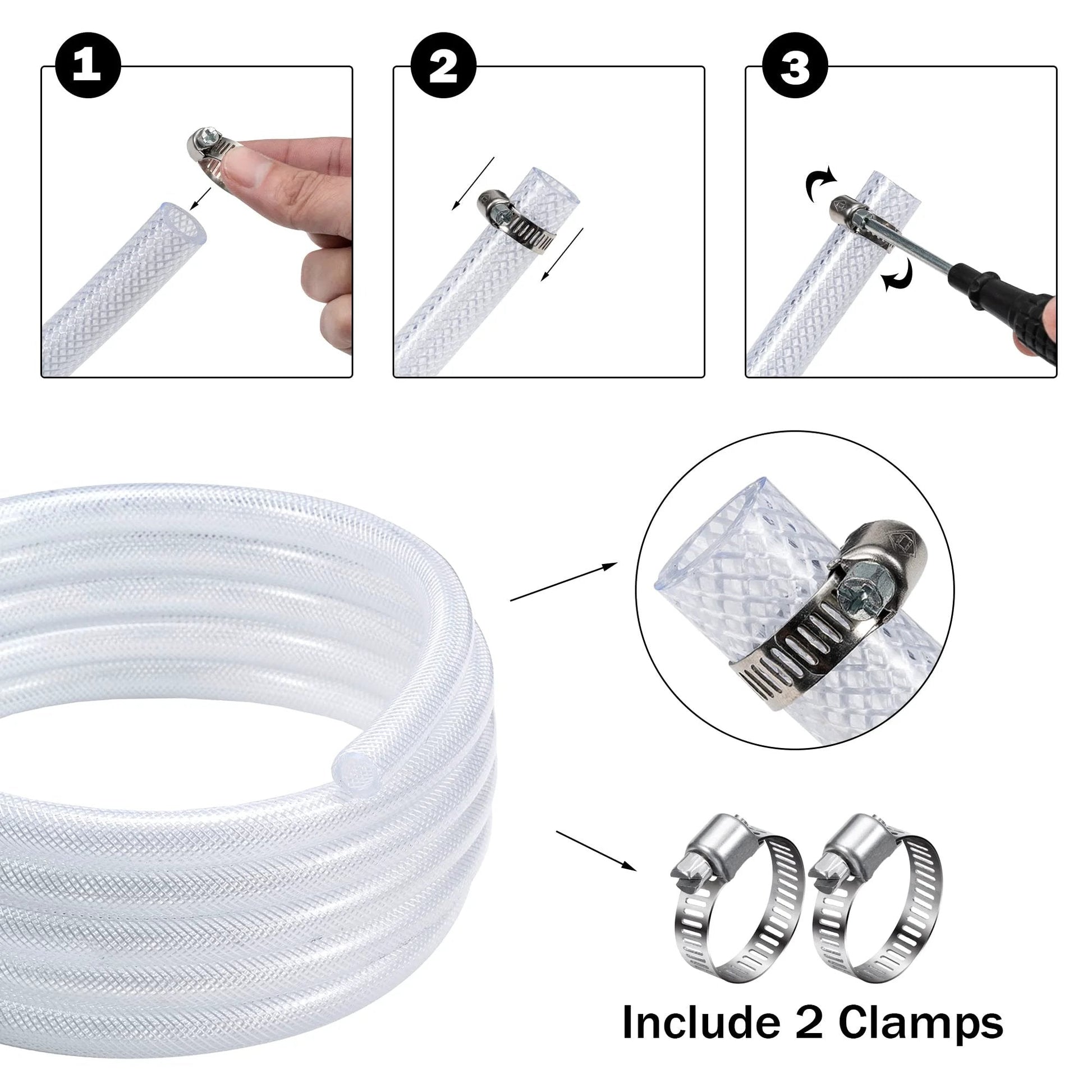 Heavy Duty Braided Clear PVC Tubing By DAVCO 1 Inch ID 25 Ft With Stainless Clamps High Pressure Flexible Reinforced