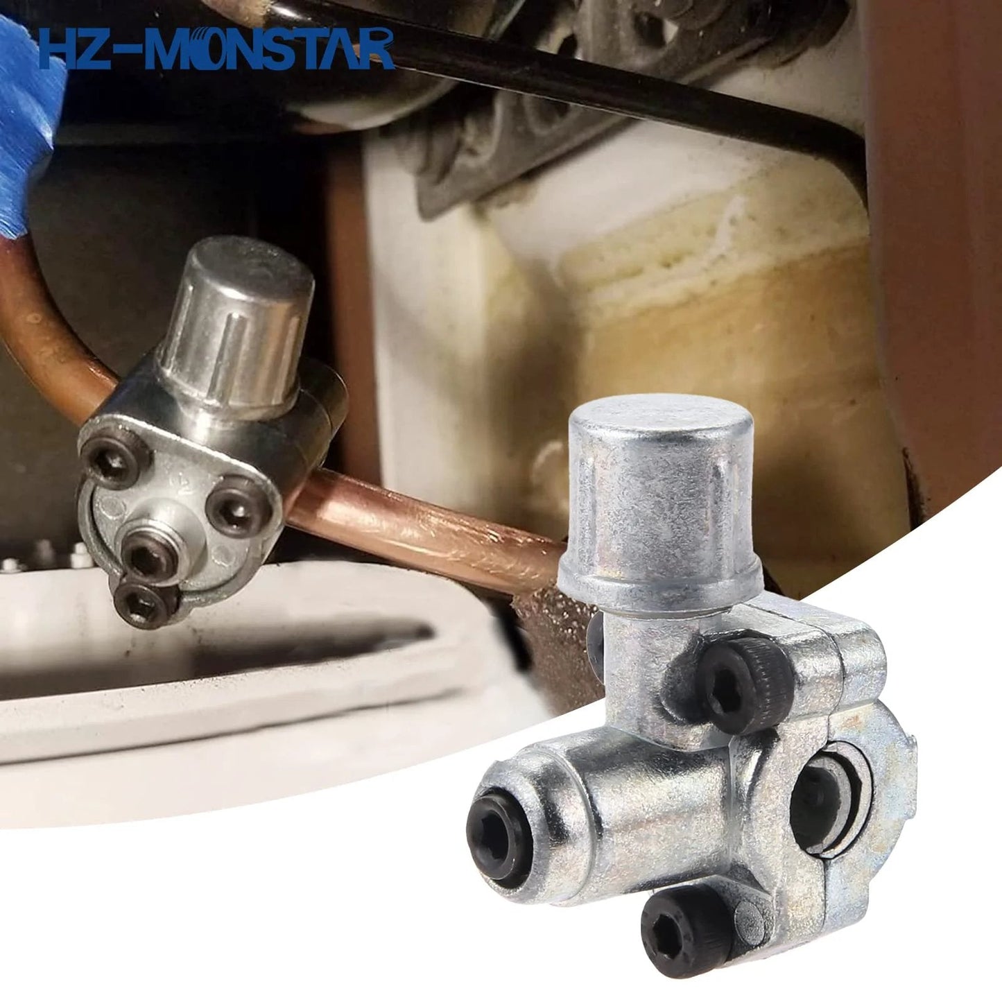 Front view of Bullet Piercing Tap Valve Kit 4 Pack for Refrigerator Tubing 1/4 In SAE to 1/4 In OD 4 In Stem Core installed on copper tube.